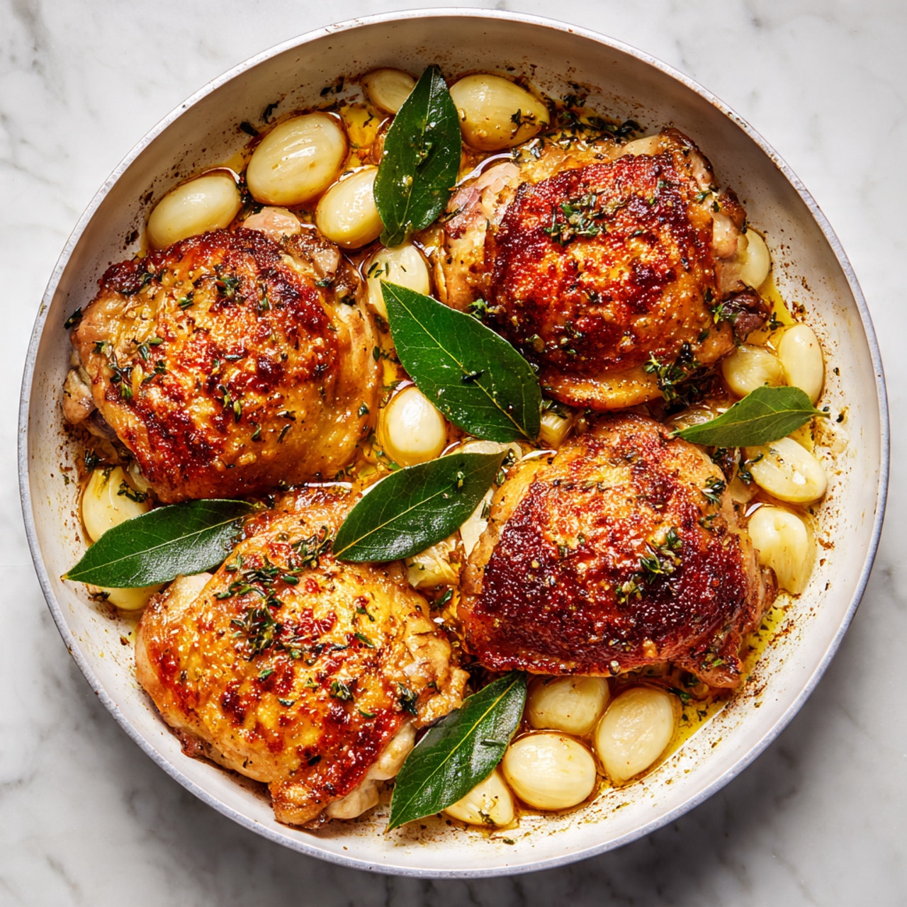 A white round pan holds four golden brown cooked chicken thighs arranged in a loose circle, each with a crispy textured skin sprinkled with green herbs. Between and around the chicken pieces are many whole and slightly peeled garlic cloves in shades of white and light cream. Two large green bay leaves sit on top near the center. The pan rests on a white marbled surface. photo taken with an iphone --ar 4:5 --v 7