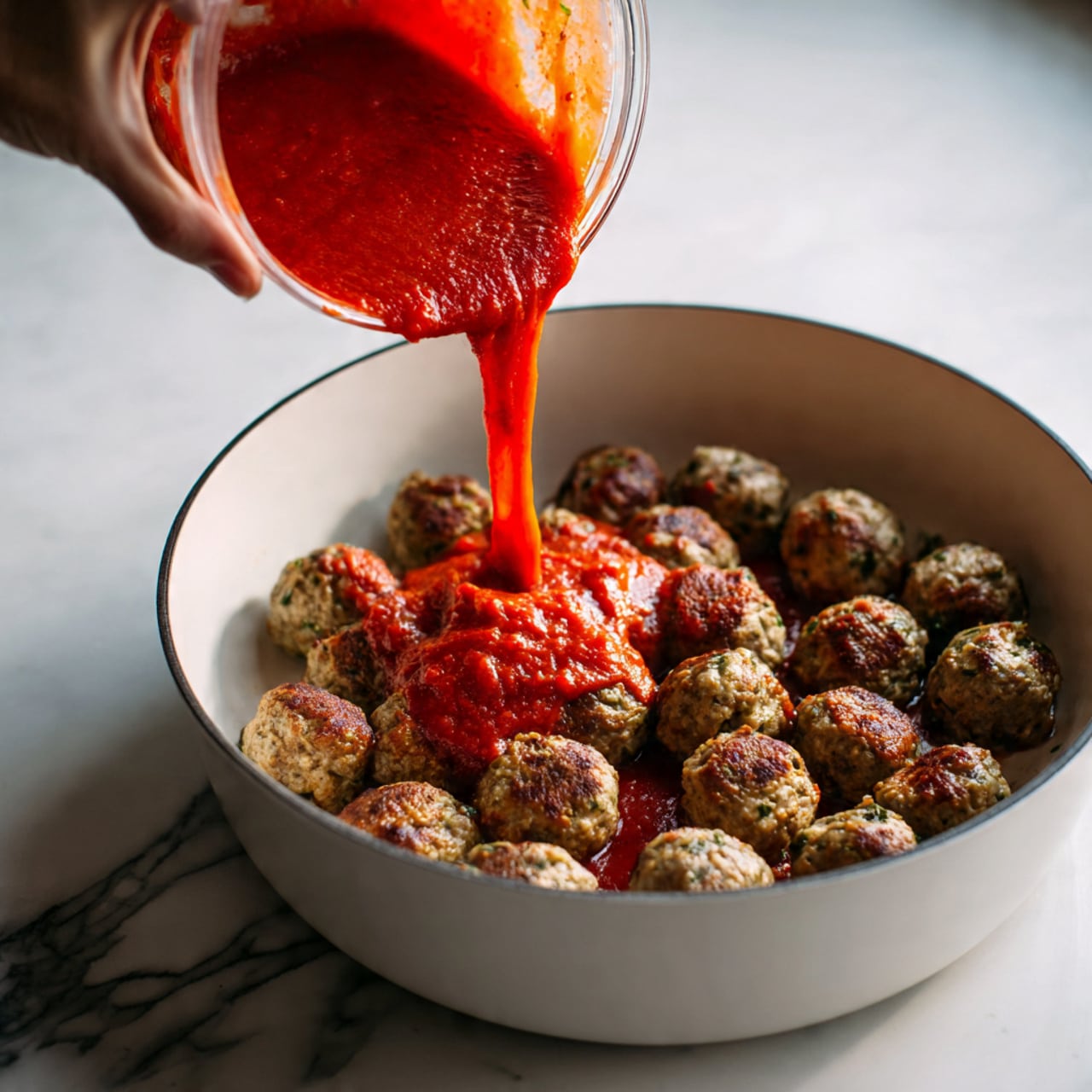 A white pot filled with many raw meatballs arranged at the bottom. Bright red tomato sauce is being poured over the meatballs from a clear container held by a woman's hand on the left side. The background and surface are white marble with grey veins. The scene is well lit with natural light showing texture on the sauce and meatballs. Photo taken with an iphone --ar 4:5 --v 7