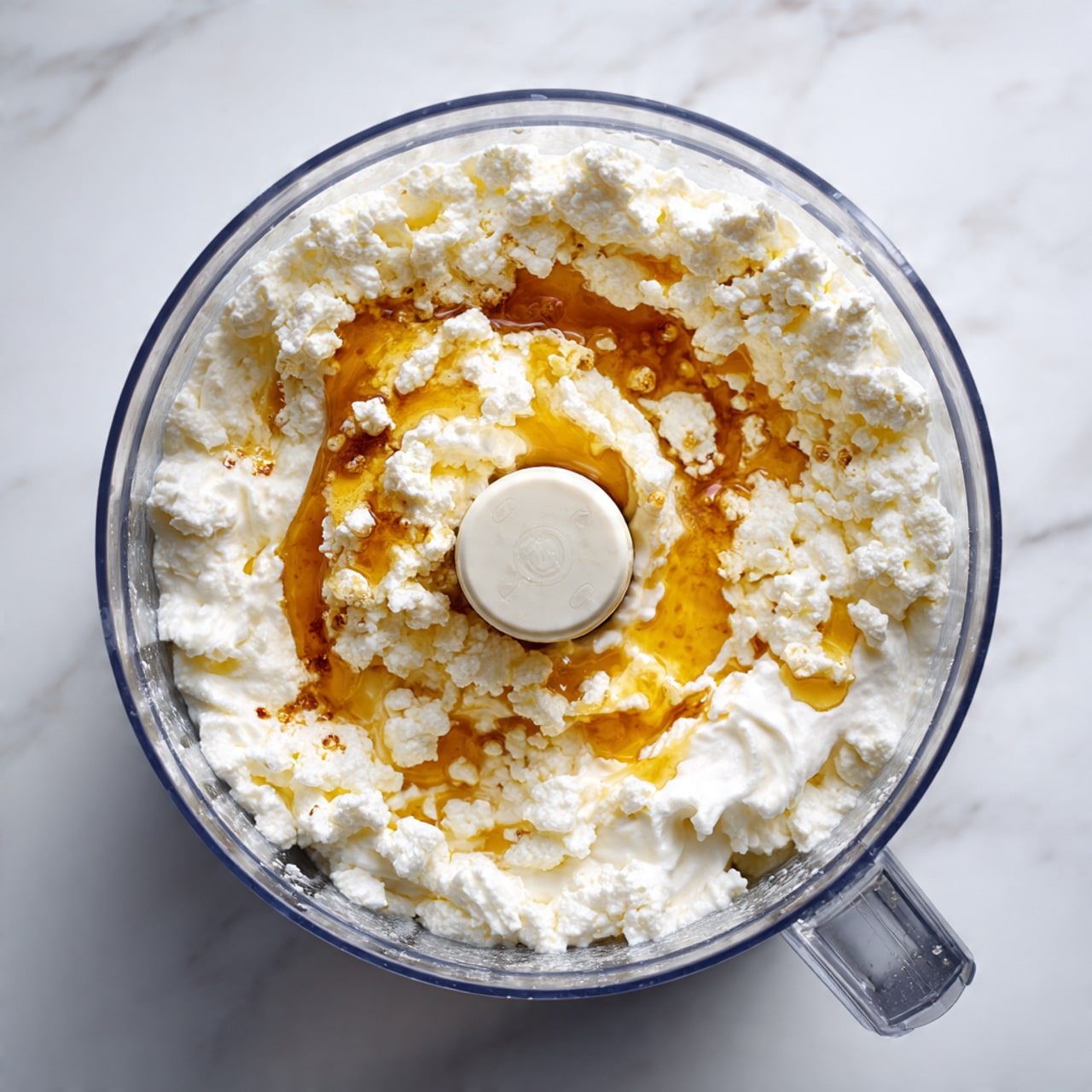 A clear food processor bowl shown from above, filled with a base layer of white, lumpy cottage cheese, topped with a thin drizzle of golden honey. The food processor's white central blade is visible in the middle, and the bowl has a clear handle. The scene is set on a white marbled surface, creating a clean and bright background. photo taken with an iphone --ar 4:5 --v 7