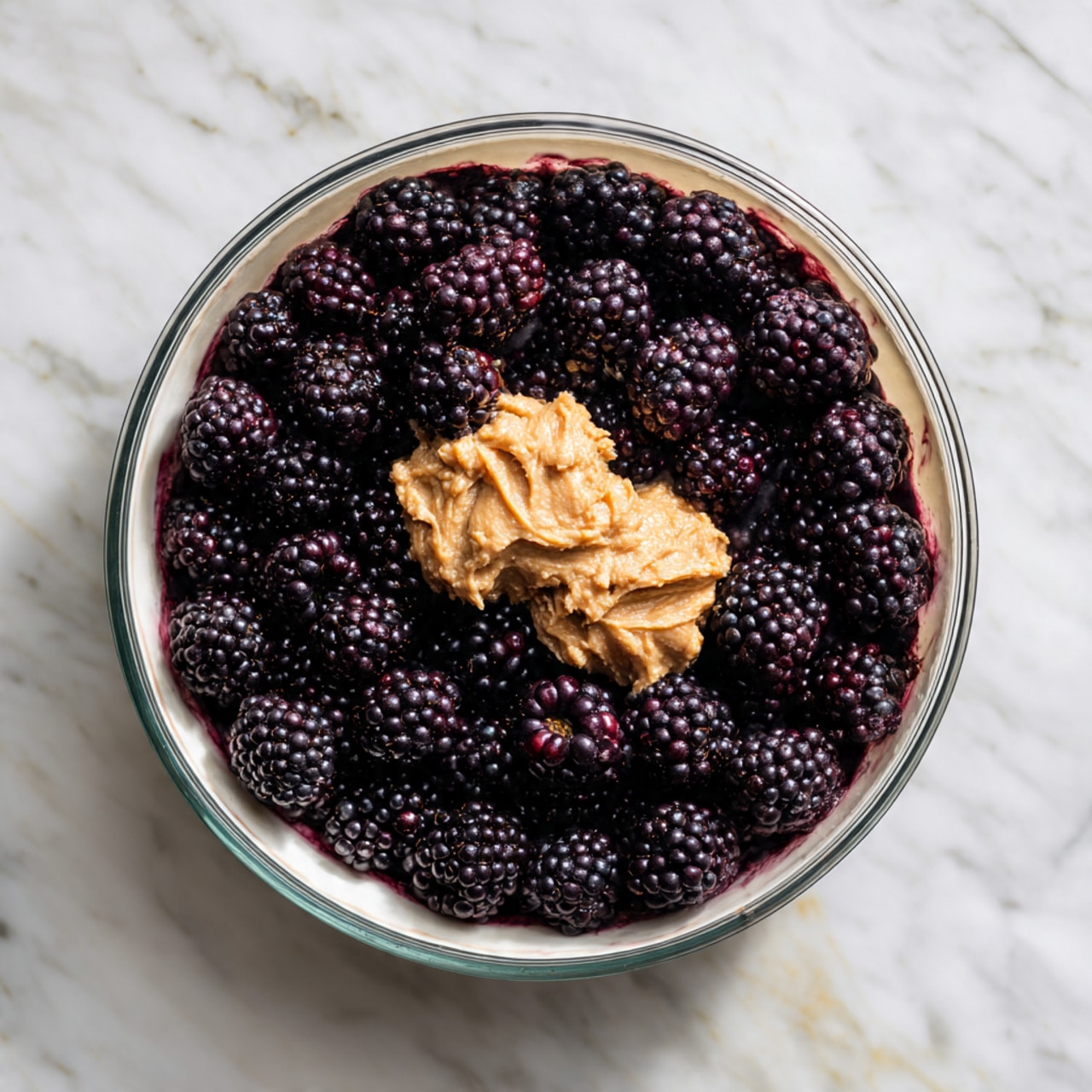 A slice of blackberry-topped cake with two visible layers sits on a white scalloped plate on a white marbled surface. The bottom layer is light brown and looks soft and spongy, while the top layer is thick, glossy, and dark purple with small blackberry pieces. A dollop of white whipped cream sits on top of the blackberry layer. Next to the cake slice on the plate is a single fresh blackberry. In the background, there is part of the remaining cake on a white plate and a silver cake server. A silver spoon lies on the surface near the dessert, and a white bowl filled with fresh blackberries is partially visible. Photo taken with an iphone --ar 4:5 --v 7