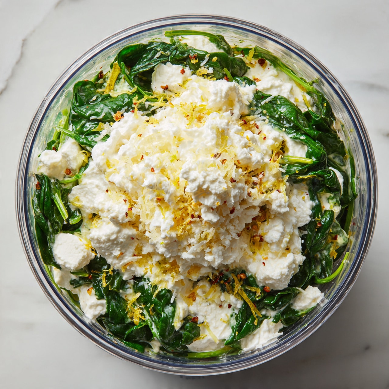 A clear round food processor bowl filled with three visible layers: the bottom layer is fresh green spinach leaves with a smooth texture, the middle layer is white chunks of cheese scattered unevenly, and the top layer is a fluffy heap of finely grated white cheese mixed with small sprinkles of yellow zest. The bowl is placed on a white marbled surface. Photo taken with an iphone --ar 4:5 --v 7