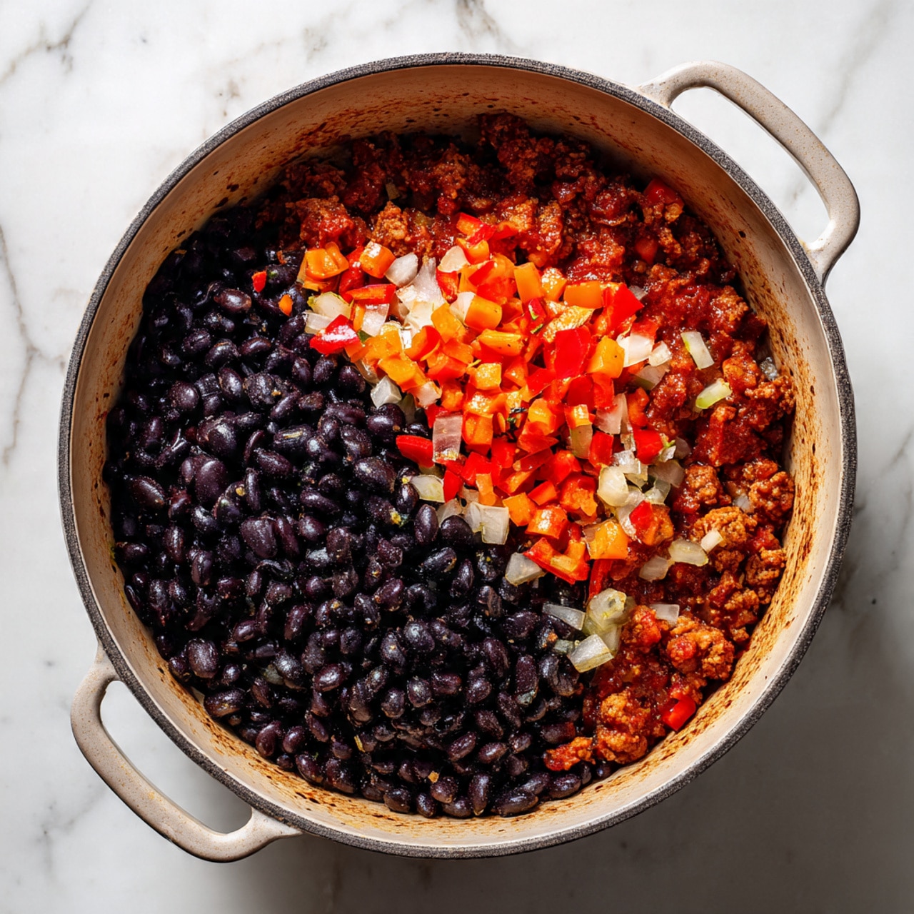 A beige pot sits on a white marbled surface, filled with layers of food. The bottom layer has a chunky dark red sauce mixed with brownish cooked meat. On top, there are scattered bright orange and red bell pepper pieces mixed with small white onion chunks. Covering almost half the pot are shiny black beans clustered together, creating a strong contrast with the colorful vegetables below. Photo taken with an iphone --ar 4:5 --v 7