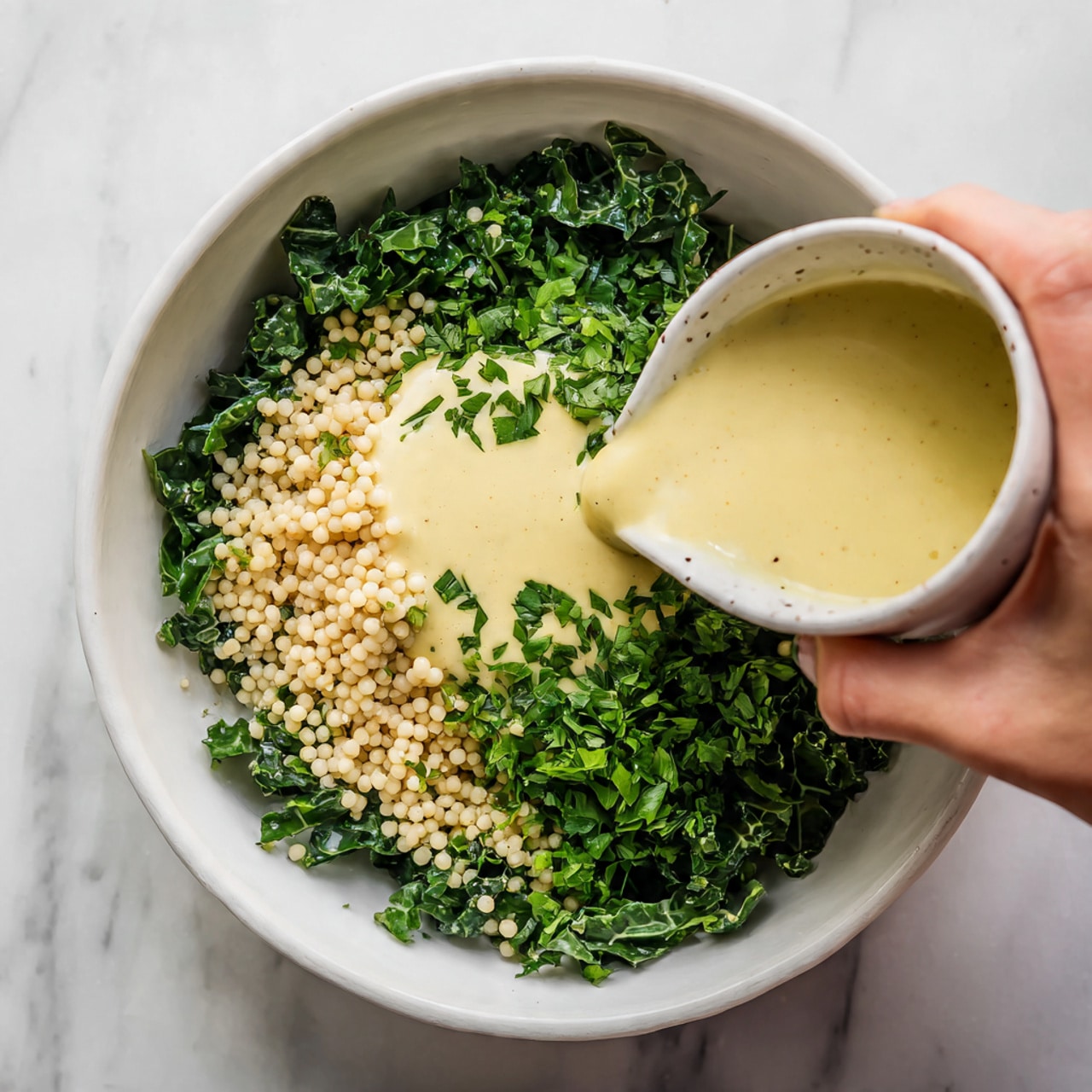 In a white bowl on a white marbled surface, there is a base layer of dark green curly kale leaves spread evenly around the bowl. On the right side, a layer of small, round, pale beige couscous pearls rests on top of the kale. Over both the kale and couscous, chopped fresh green herbs are sprinkled, creating a textured green mix in the center. A creamy light yellow sauce is being poured from a white speckled cup held by a woman's hand, drizzling over the herbs and couscous, adding a smooth contrast to the textures beneath. Photo taken with an iphone --ar 4:5 --v 7