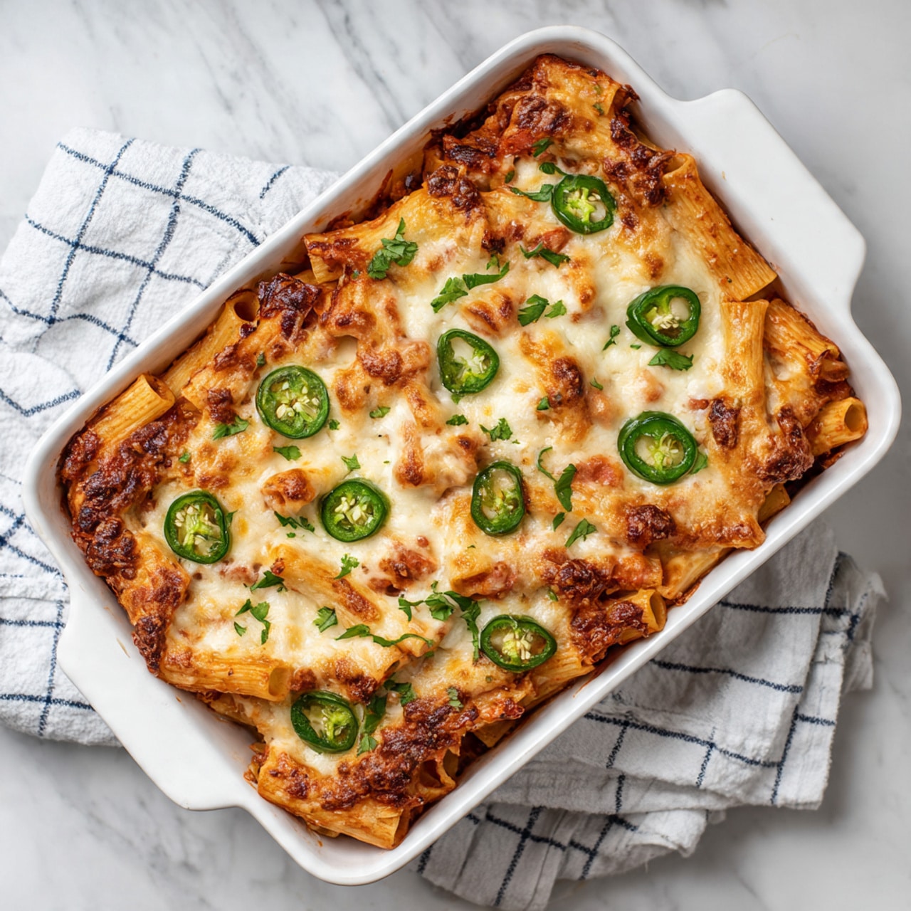 A white rectangular baking dish filled with baked rigatoni pasta arranged in one layer, covered with bubbly, melted golden cheese that has browned spots on top. Thin green jalapeño slices are scattered evenly over the cheese layer, adding a fresh green contrast. The pasta underneath shows a reddish tomato sauce peeking through. The dish rests on a white marbled surface with a white and blue checkered cloth partially visible beneath the dish. photo taken with an iphone --ar 4:5 --v 7