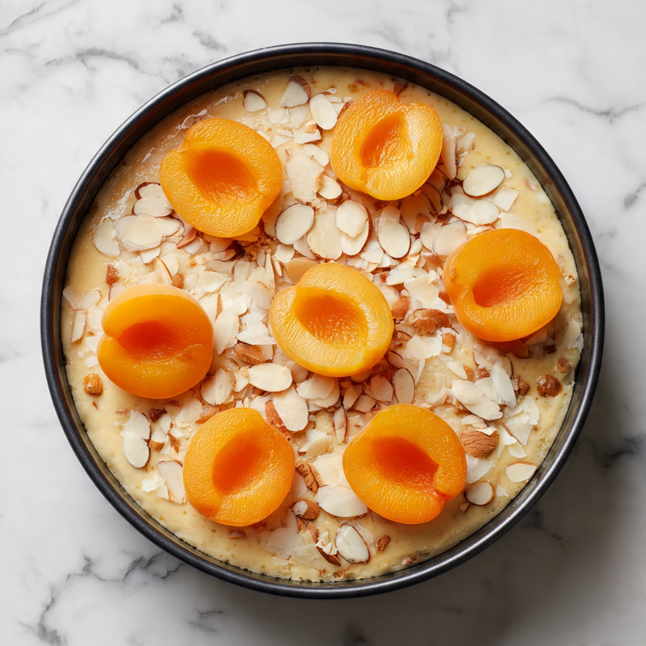 The image shows a clear food processor bowl filled with around twelve pieces of fresh apricots. The apricots are a mix of whole halves and curved slices, bright orange with soft red patches near the top, arranged inside the transparent container. The white blade holder stands in the center of the bowl, surrounded by the orange fruit pieces. The scene is set on a background with a white marbled texture, and the food processor has a dark base and handle visible at the bottom. The photo taken with an iphone --ar 4:5 --v 7