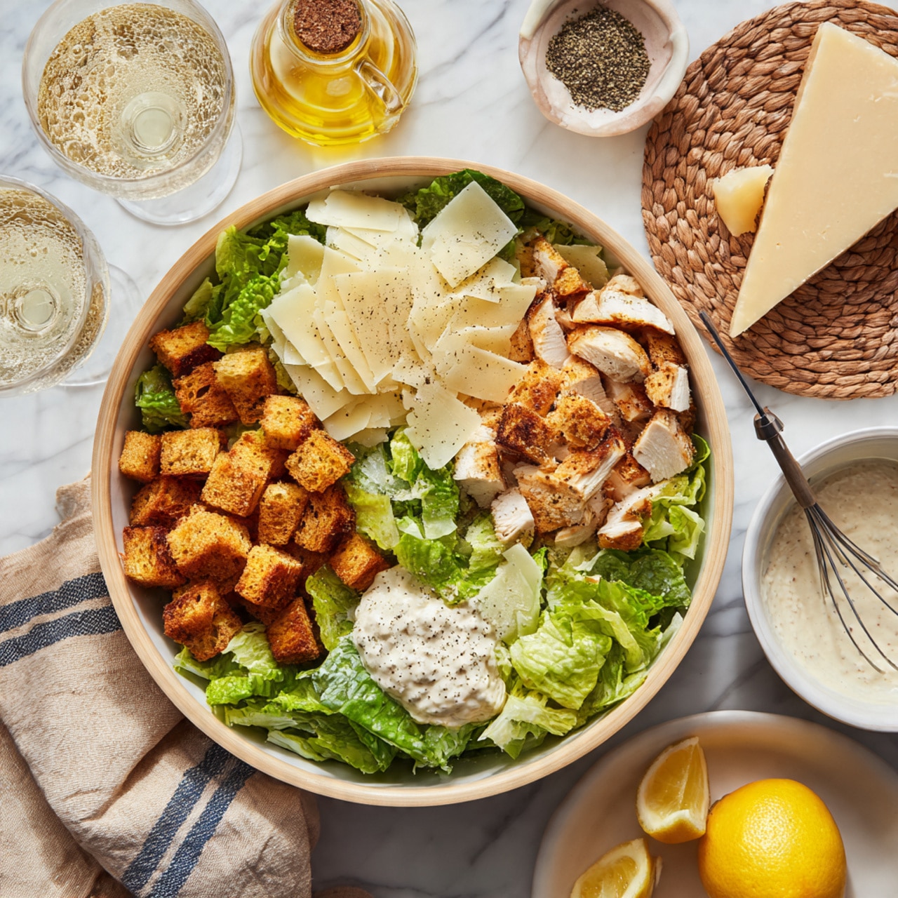 A large white bowl with a light wooden rim contains a Caesar salad arranged in four sections on a bed of fresh green romaine lettuce. One section has golden brown toasted croutons, another features sliced grilled chicken with a lightly spiced, browned surface. A third section is topped with thin, pale yellow shavings of Parmesan cheese, and the fourth has a dollop of creamy Caesar dressing with black pepper sprinkled on top. Around the bowl on a white marbled surface are a plate with a wedge of hard cheese and shavings, a small bowl of creamy dressing with a metal whisk resting inside, a glass of sparkling beverage on a woven coaster, a small glass container of olive oil, a lemon, and a striped beige and blue napkin. Photo taken with an iphone --ar 4:5 --v 7