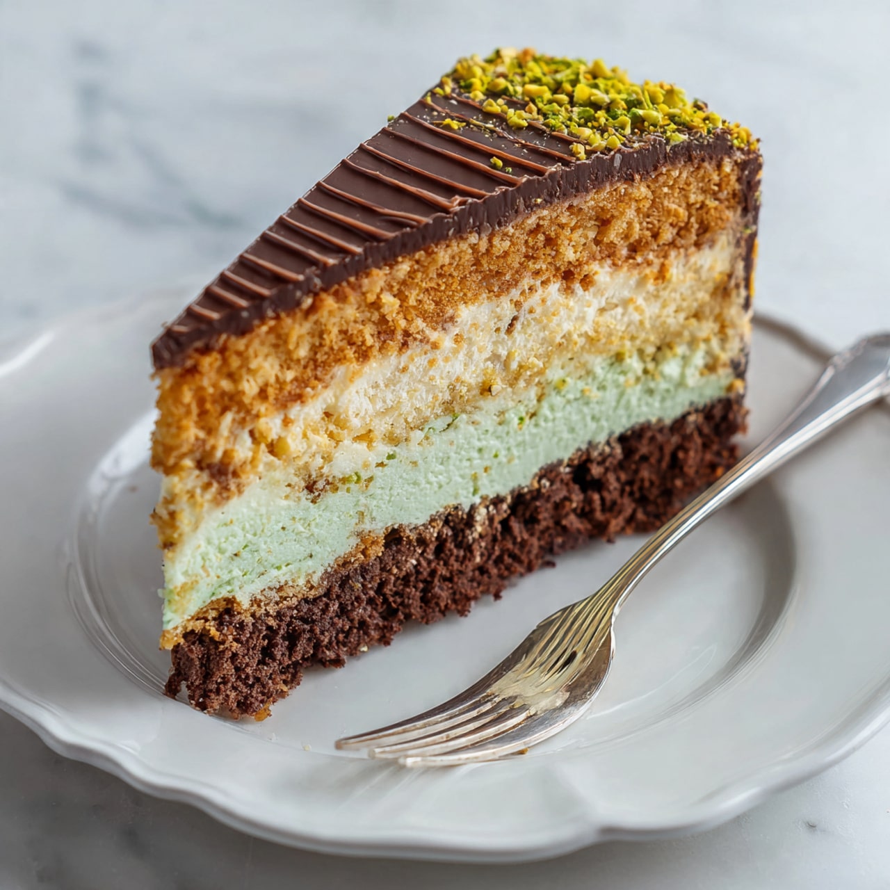 A slice of layered dessert is shown on a white plate with a silver fork beside it. The dessert has five layers: the bottom layer is a dark brown crumbly base; above that is a light brown toasted layer with shredded texture; the middle layer is thick, creamy, and pale yellow with bits inside; the next layer repeats the toasted shredded texture in light brown; and the top layer is smooth, glossy dark brown chocolate ganache with ridges and sprinkled finely with yellow-green crushed nuts. The plate is set on a white marbled surface. Photo taken with an iphone --ar 4:5 --v 7