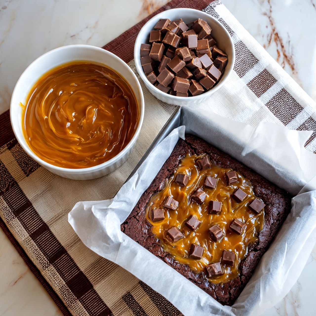 A stack of three dark brown brownies with a rich, dense texture is centered on a white surface with a white marbled texture. The bottom brownie shows a moist, chewy interior, the middle brownie has a slight crack revealing melted chocolate inside, and the top brownie is slightly crumbly with a rough surface. Golden caramel sauce is generously drizzled over the top and down the sides, pooling on the marbled surface below. The background is softly blurred with hints of more brownies, keeping the focus on the front stack. photo taken with an iphone --ar 4:5 --v 7