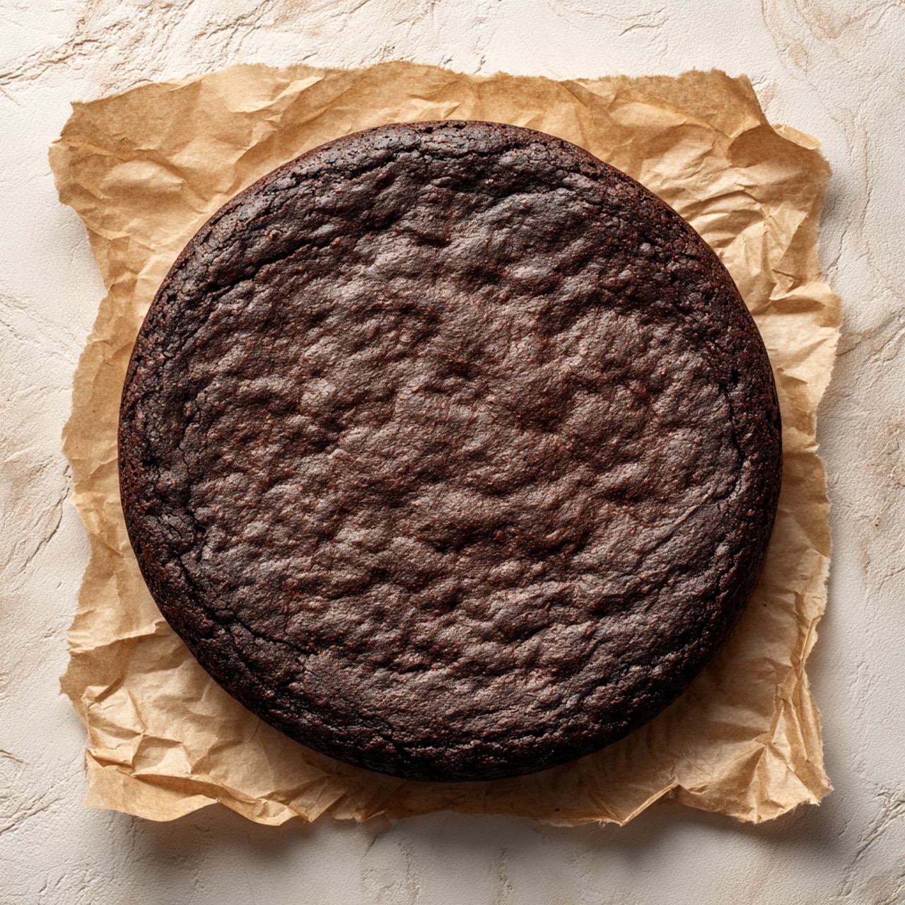 A close-up image of thick, dark brown chocolate batter being spread evenly inside a round, metal baking pan. The batter has a smooth, rich texture with slight ridges and waves on the surface. A woman's hand holds a small spatula, smoothing the batter from the center toward the edges. The pan is placed on a white marbled surface, and the light highlights the shiny, moist appearance of the chocolate mixture. photo taken with an iphone --ar 4:5 --v 7