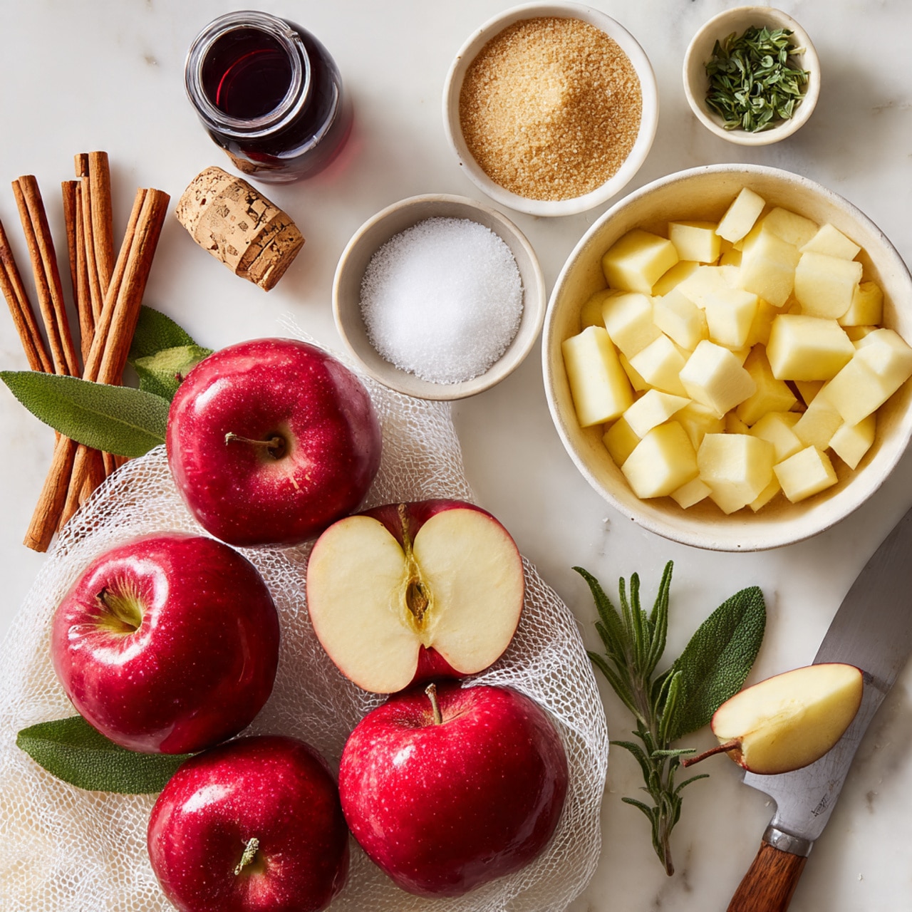 Three glass jars filled with thick, dark reddish-brown chunky sauce sit on a wooden board. The jars have metal clasps, two are tall and one is short, all open at the top showing the textured sauce inside. Fresh green sage leaves rest on the board beside the jars. In the background, there are blurred bowls and a sliced apple with red and light yellow colors on a white marbled surface. Photo taken with an iphone --ar 4:5 --v 7