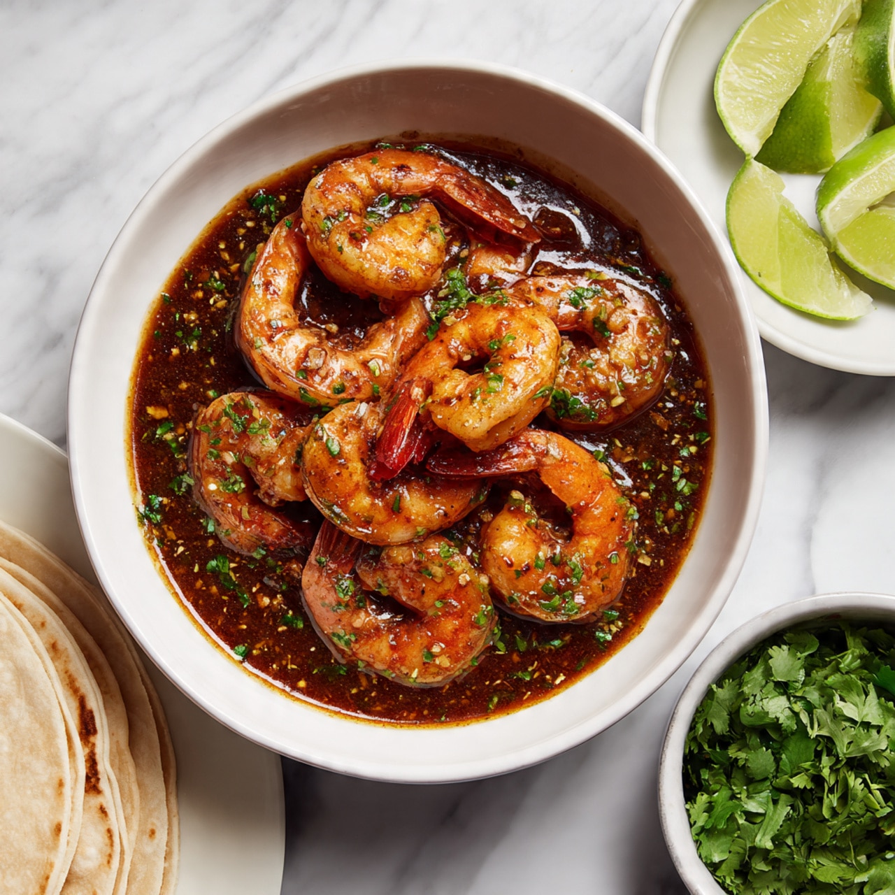 A white bowl filled with large pieces of cooked shrimp in a dark brown sauce, the shrimp are plump with a glossy texture and the sauce has a rich, slightly oily surface filling the bottom of the bowl. To the right, there is a small white bowl with green lime wedges, showing bright fresh colors, and another white bowl filled with green cilantro leaves. On the bottom left, a stack of light-colored tortillas rests on a white plate. The whole scene is set against a white marbled surface. photo taken with an iphone --ar 4:5 --v 7