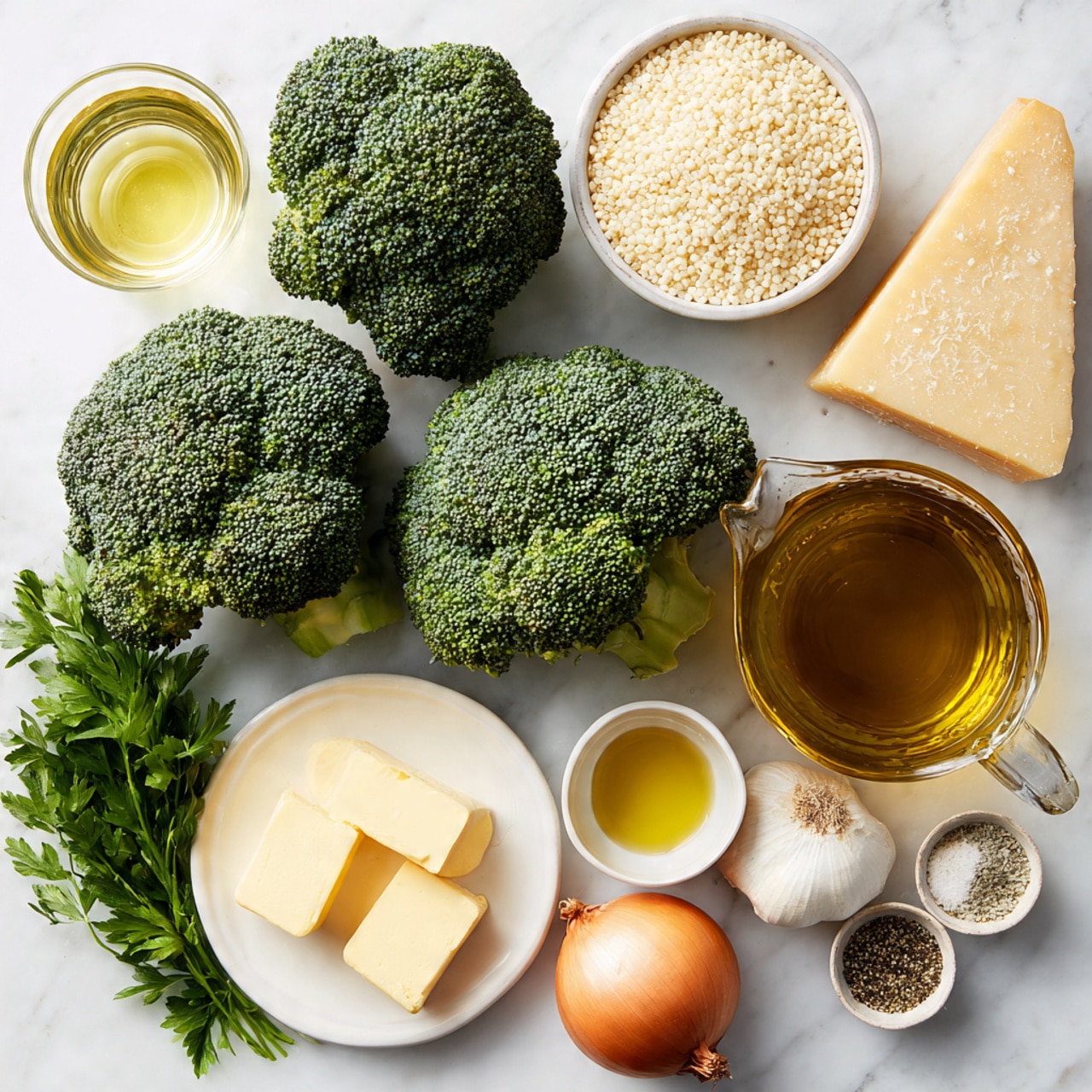 The image shows a top view of ingredients arranged on a white marbled surface. There are three fresh broccoli heads with dark green, textured florets placed near the center and left side. A large glass measuring cup with amber vegetable broth sits on the right side. Next to it, a white bowl filled with small, round, white Arborio rice grains is placed. Above the broccoli on the left is a small glass cup filled with pale yellow white wine. Below the rice is a small white bowl of golden olive oil. A whole light brown onion with thin papery skin is at the bottom right next to a small speckled bowl of salt and black pepper. Near the bottom center is a small white plate with three chunks of pale yellow butter. To the left of butter is a bunch of fresh dark green parsley leaves. Above the parsley is a whole garlic bulb in off-white color. In the lower left, a white plate has a wedge of hard pale yellow Parmesan cheese. Everything is placed neatly with clear labels. Photo taken with an iphone --ar 4:5 --v 7