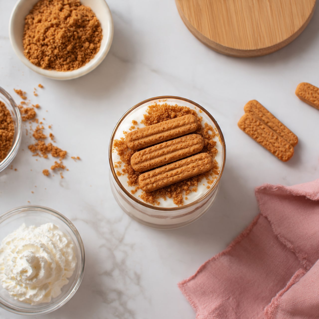 The image shows a clear glass cup filled with a creamy white layer topped with evenly placed brown biscuit sticks arranged horizontally and vertically to fit the cup’s surface. The cup sits on a white marbled surface scattered with a few biscuit crumbs. To the top left, there is a small white bowl containing a heap of crushed brown crumbs, and to the bottom left, a clear bowl with fluffy white cream is partially visible. On the top right, a round wooden lid lies on the surface. A soft pink cloth is folded on the bottom right corner. Photo taken with an iphone --ar 4:5 --v 7