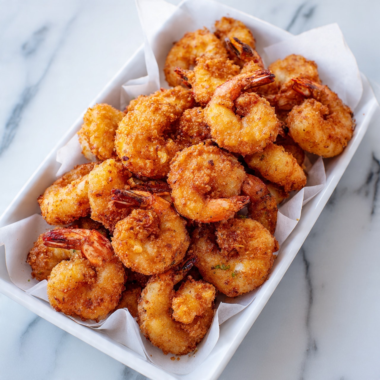 A white rectangular dish lined with white parchment paper holds about three layers of crispy, golden brown fried shrimp scattered evenly. Each shrimp is coated with a crunchy, textured crust that is deep golden to light brown in color, with uneven shapes and rough edges that show the crispiness. The dish sits on a white marbled surface, creating a clean and bright background. photo taken with an iphone --ar 4:5 --v 7