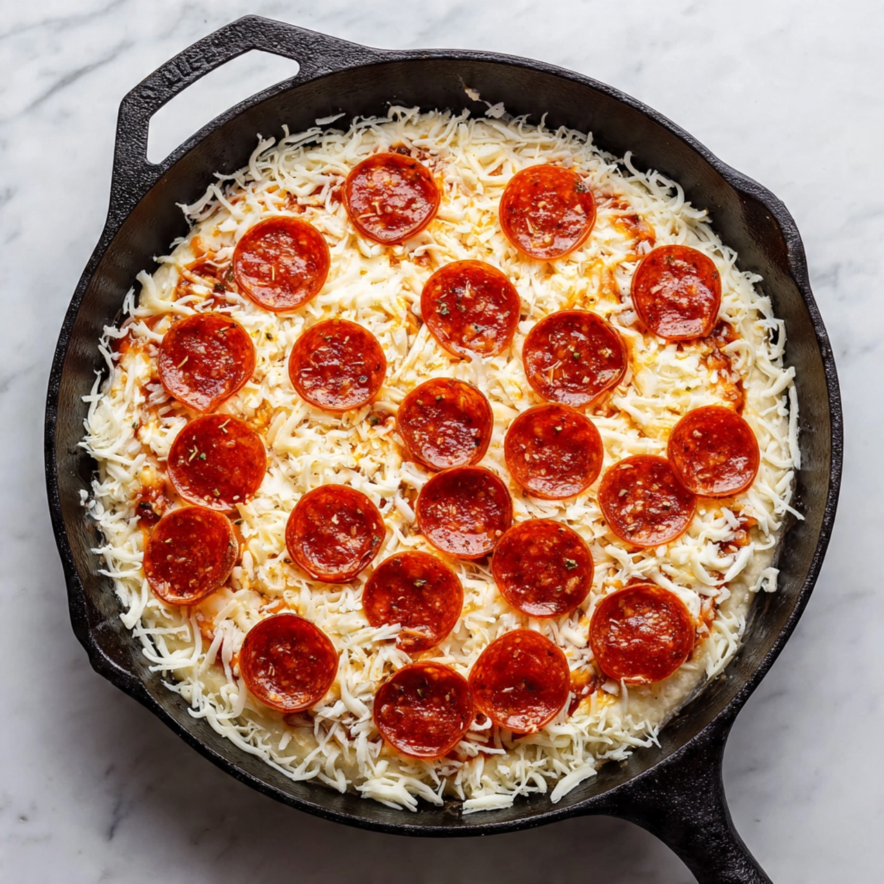 A single layer of pale, soft dough is spread evenly inside a black cast iron skillet, with a slightly uneven surface texture showing small dimples and air pockets throughout. The skillet rim is rough and dark, contrasting with the light color of the dough. The skillet is placed on a white marbled textured surface. Photo taken with an iphone --ar 4:5 --v 7