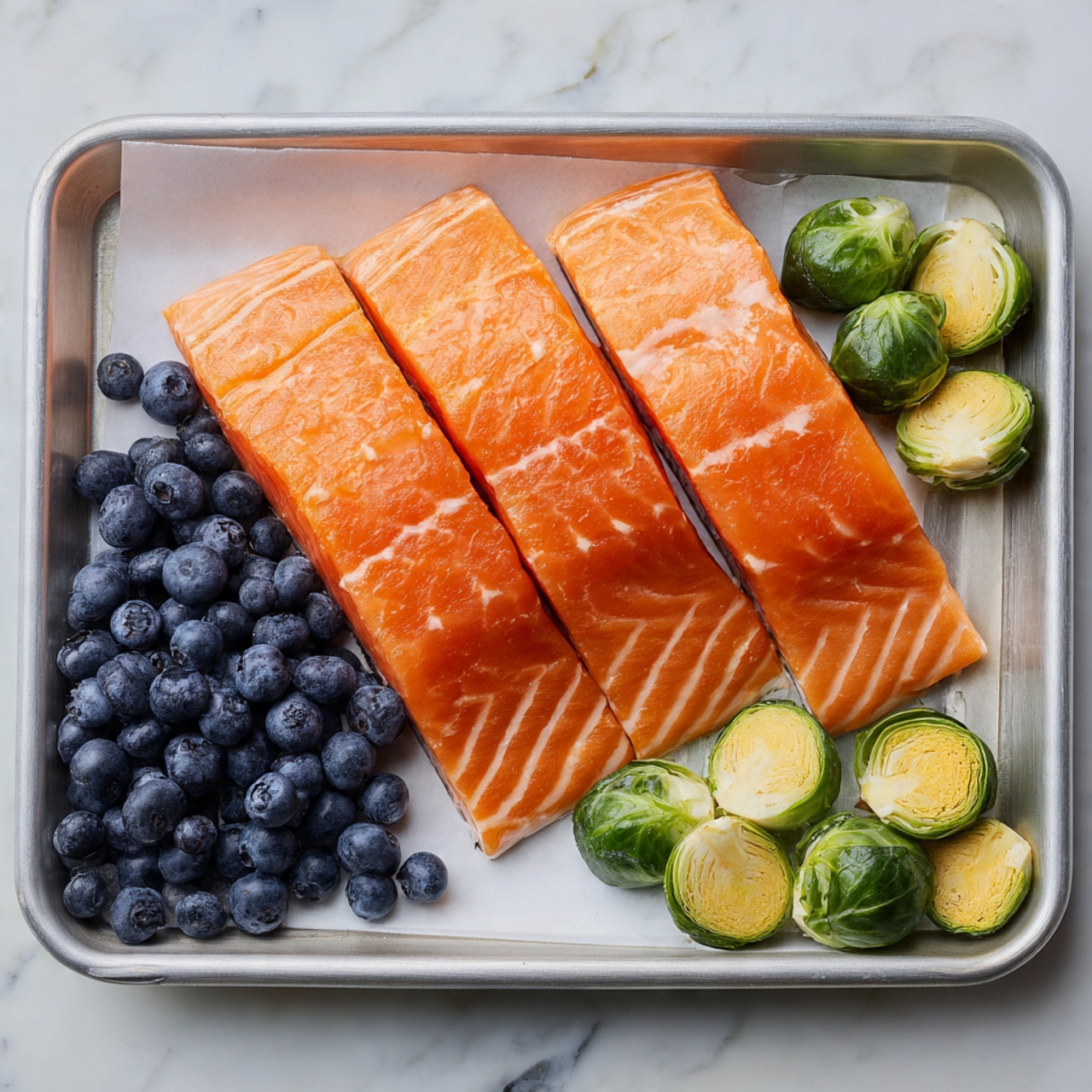 The image shows a metal tray with a white paper lining, placed on a white marbled surface. Inside the tray, there are three large, raw salmon fillets with a smooth, bright orange surface showing light white fat lines running through each piece, arranged in the upper half of the tray. On the left side of the tray, there is a cluster of small, round, dark blue blueberries with a slightly frosted appearance. The bottom and lower right side of the tray contain halved Brussels sprouts, revealing pale green and yellow layers inside with darker green outer leaves. The colors are fresh and vibrant, showing a clear contrast between the orange fish, dark blue berries, and green vegetables. photo taken with an iphone --ar 4:5 --v 7