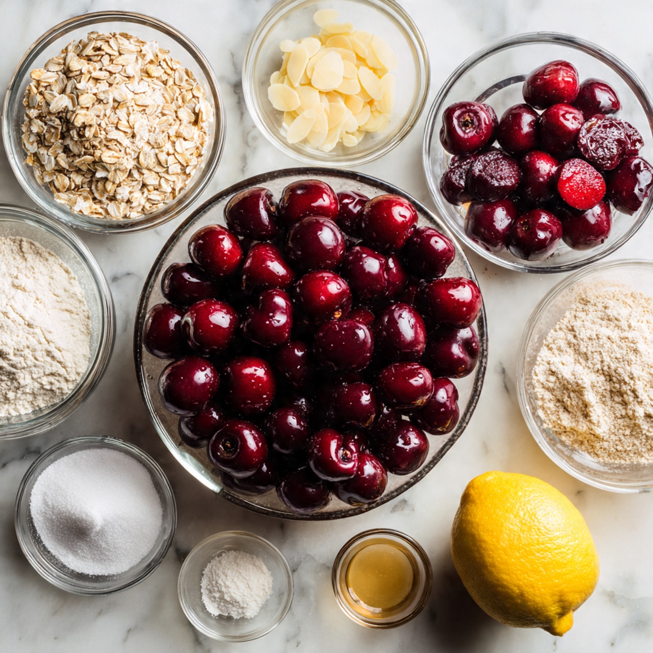 A large bowl filled with dark red cherries, some whole and some cut in half showing the deep red inside. Around the bowl, smaller clear glass bowls hold light beige oats, light brown sugar, golden yellow butter, thin pale almond slices, white flour, white sugar, white powdery baking powder, and small amounts of clear liquid ingredients. A whole yellow lemon sits next to the oats on a white marbled surface. The colors contrast nicely, with the cherries’ dark red standing out the most. Photo taken with an iphone --ar 4:5 --v 7