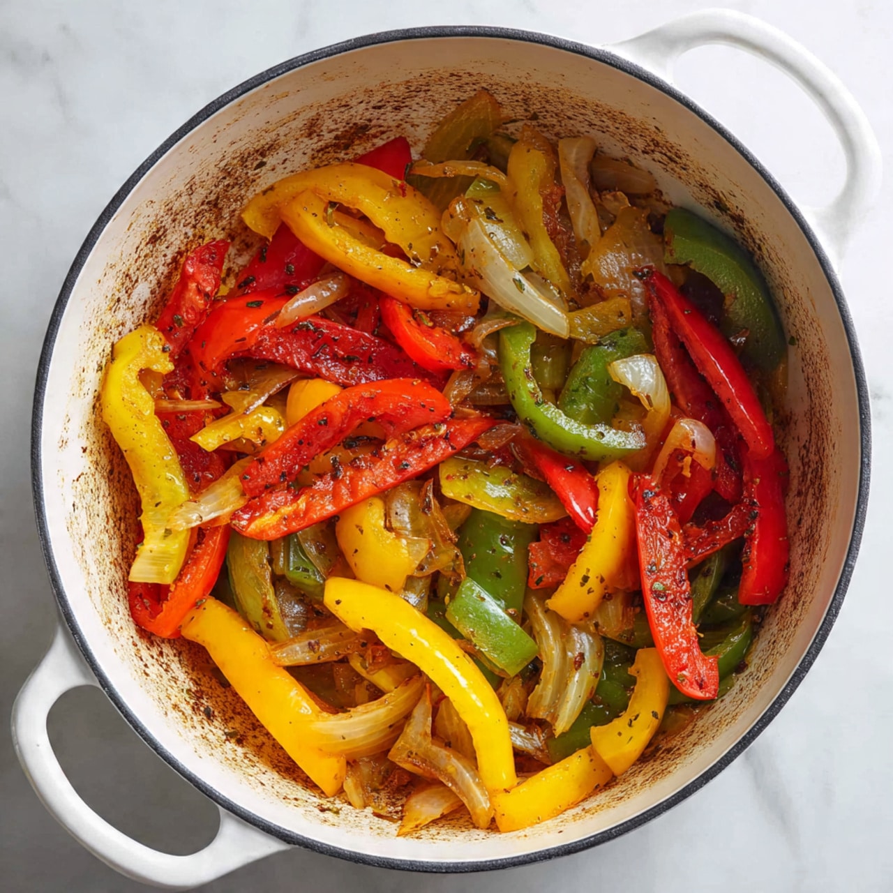 A white pan filled with five browned chicken pieces placed on top of a colorful mix of yellow rice, black beans, corn, red and green bell pepper slices, and melted light yellow cheese scattered lightly throughout. The dish is garnished with chopped green onions and fresh green herbs. To the side, a silver spoon scoops some of the rice mixture, while small white bowls hold sliced green jalapeños, avocado slices, and bright pink pickled onions. The background is a white marbled texture with a glimpse of a white plate partially visible at the bottom right corner. photo taken with an iphone --ar 4:5 --v 7