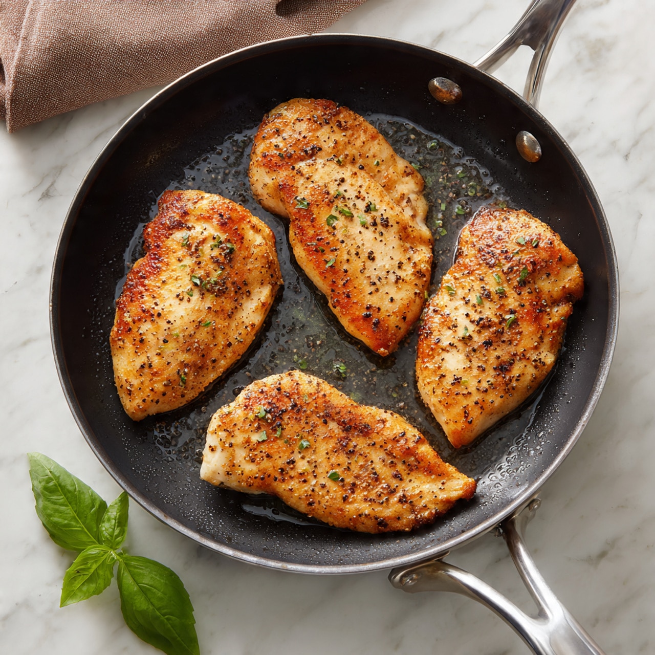 Inside a black frying pan with a silver handle, there are four pieces of seasoned chicken cooking. Each piece has a golden brown color with visible pepper and spices spread evenly on the top. The chicken looks tender and is placed flat inside the pan, with some oil droplets reflecting light around them. The pan rests on a white marbled surface, and a green basil leaf is placed nearby at the bottom right corner. A soft, brownish cloth is folded and placed at the top edge of the frame. The photo taken with an iphone --ar 4:5 --v 7