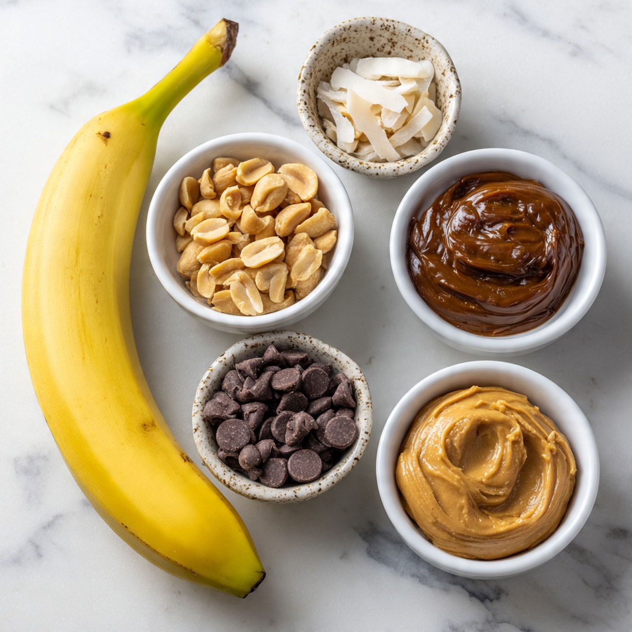 The image shows five small white bowls and one yellow banana arranged on a white marbled surface. Starting from the top left, a bright yellow banana curves gently. Below the banana is a white bowl filled with roughly chopped light brown peanuts. To the right of the peanuts, another white bowl holds a smooth, thick dark brown date caramel. Below the date caramel is a bowl filled with creamy, light brown peanut butter. To the left of the peanut butter bowl is a white bowl packed with shiny, dark chocolate chips. At the bottom left is a small bowl with a rough, patterned edge containing white coconut oil. Each item is clearly labeled with black uppercase text on white rectangular labels placed directly over the ingredients. The photo taken with an iphone --ar 4:5 --v 7