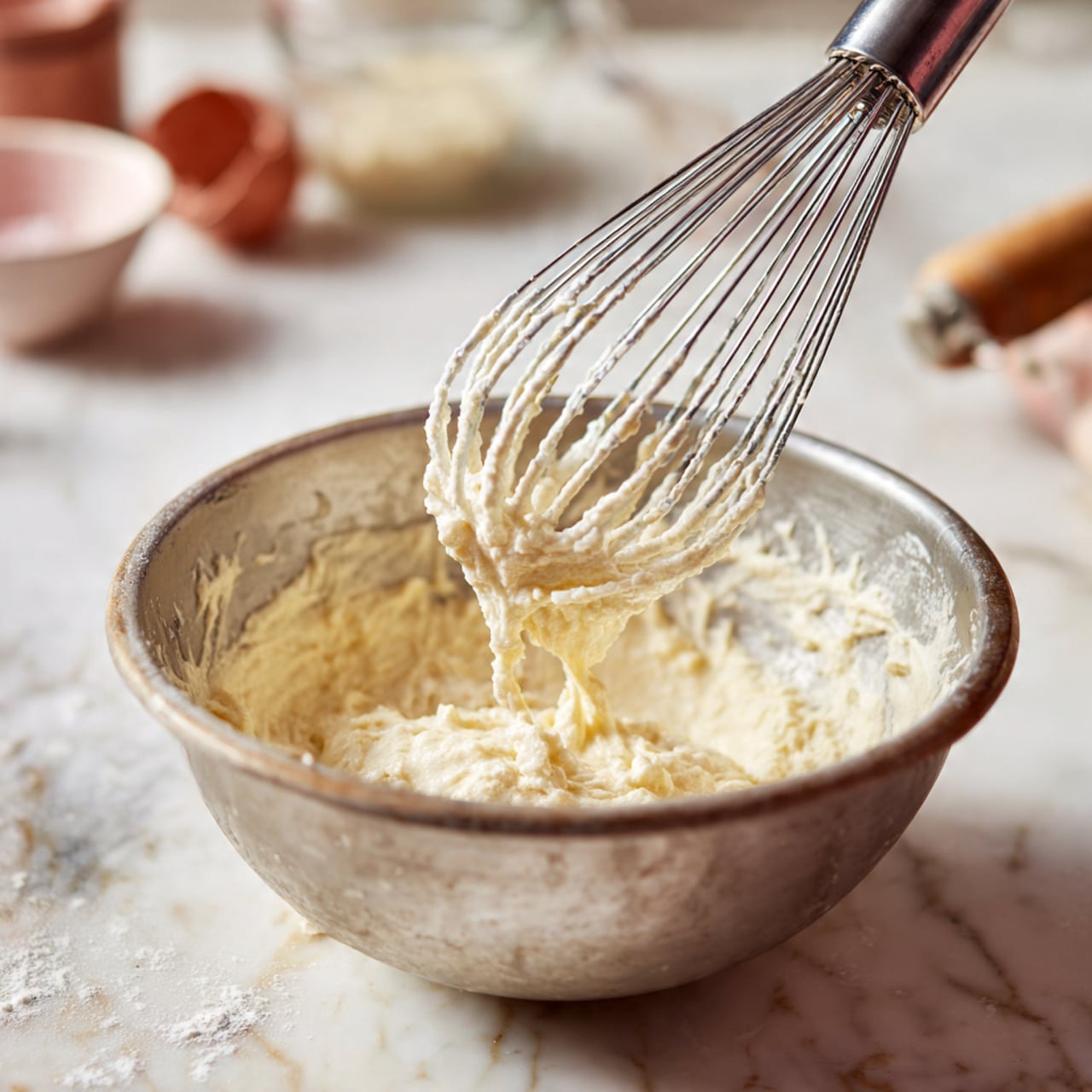 A metal bowl on a white marbled surface holds a smooth, creamy white mixture. Above the bowl, a mixer whisk covered in the same creamy texture is lifted, showing the thick consistency of the mixture clinging to its thin metal wires. The background is soft and light, with hints of blurred cooking objects, drawing attention to the bowl and whisk. photo taken with an iphone --ar 4:5 --v 7