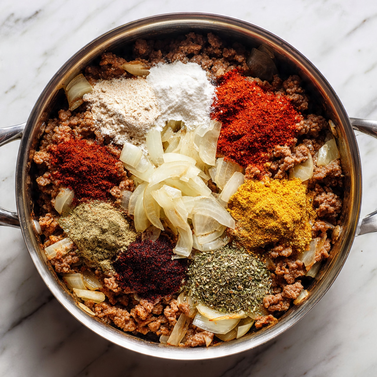 A stainless steel pan filled with cooked ground meat mixed with small pieces of translucent cooked onions. On top of the meat, there are several colorful piles of dry ingredients arranged separately: a white powdery flour, a dark red chili powder, a bright red spice, a yellowish-brown powder, and some green herb flakes. The pan is placed on a white marbled surface, showing some light shadows under the pan. photo taken with an iphone --ar 4:5 --v 7