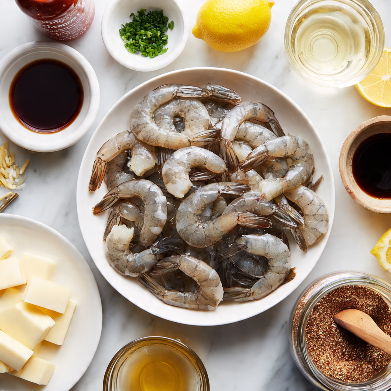 A white bowl filled with many raw shrimp that have a greyish-pink color and translucent texture, tails still on, placed on a white marbled surface. Around the bowl are several small white bowls holding chopped green herbs, dark soy sauce, and beige liquid, plus a glass jar with a mixture of reddish-brown spices and a wooden spoon inside it. Also visible are a bright yellow lemon, a glass container with a clear liquid, a white plate with two sticks of soft pale yellow butter, and a bottle of Louisiana hot sauce in the background. Photo taken with an iphone --ar 4:5 --v 7