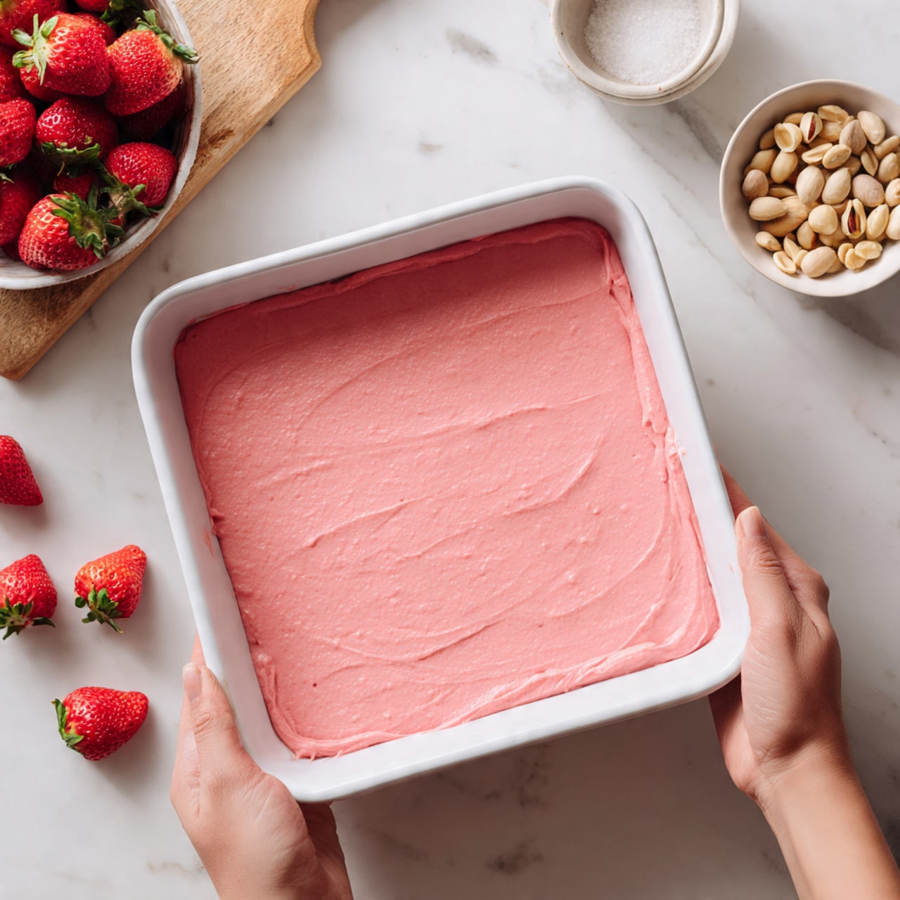 A square white baking pan filled with a smooth layer of thick pink batter, evenly spread across the surface. A woman's tattooed hand is holding the pan from one side, while another woman's hand is touching the bottom edge to support it. In the background, there is a white bowl filled with fresh red strawberries on a wooden board and a small white bowl with light-colored nuts, all placed on a white marbled surface. Photo taken with an iphone --ar 4:5 --v 7