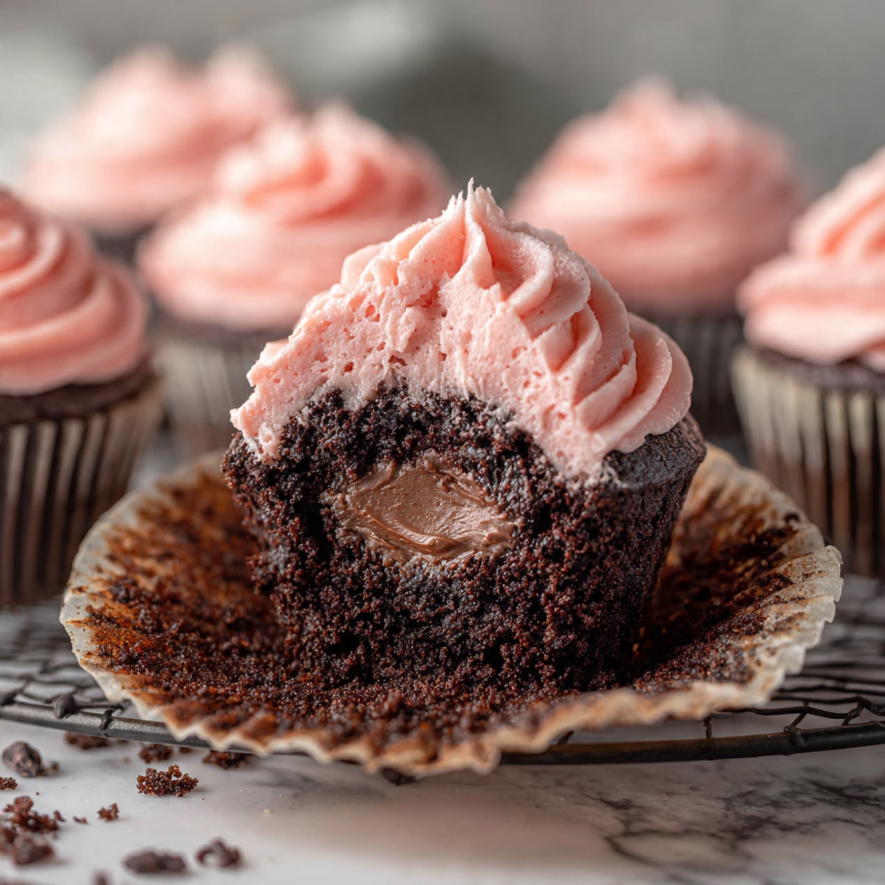 Nutella Stuffed Strawberry Chocolate Cupcakes Recipe - Recipe Image