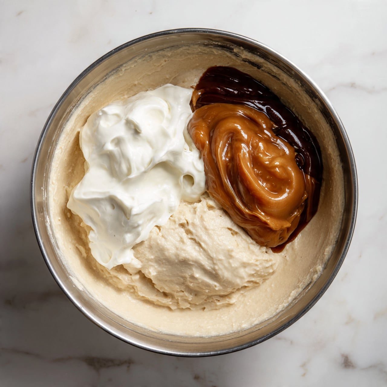 A round stainless steel bowl sits on a white marbled surface, containing three separate layers of ingredients. At the bottom is a light beige batter with a creamy, thick texture covering the bowl's base. On the left side, there is a large dollop of smooth, white cream with soft peaks. On the right side, there is a shiny, dark caramel-brown sauce with a thick, sticky surface. The three layers remain unmixed, showing a clear contrast in colors and textures. photo taken with an iphone --ar 4:5 --v 7