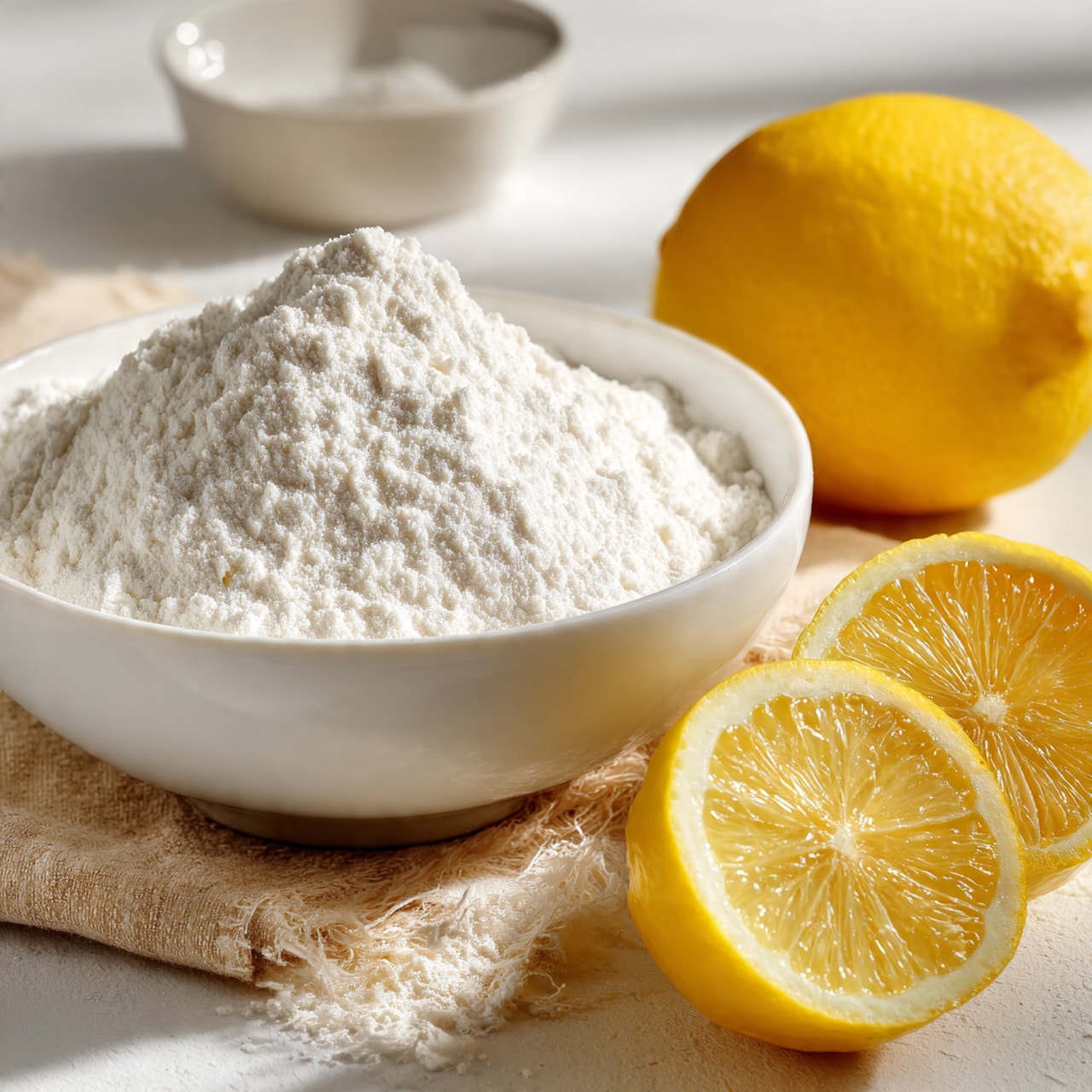 The image shows various baking ingredients arranged neatly on a white marbled surface. At the top left, there is a bowl filled with a white creamy substance, next to a small bowl with melted yellow butter. To the right, a white jug contains a light cream liquid. Below and to the left, there is a white bowl holding white granulated sugar, alongside two brown eggs in the center. Near the eggs, a small green dish contains white powder, and a tiny speckled bowl holds a dark liquid, likely vanilla extract. A silver spoon lies next to these bowls. At the bottom left, a white bowl is filled with white flour that has an indentation in the center. To the right of this bowl, there are two lemon halves with a whole lemon beside them. The scene is bright and clean, with a focus on fresh ingredients. photo taken with an iphone --ar 4:5 --v 7