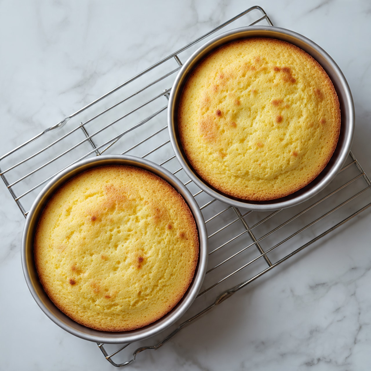 Two round golden yellow cakes with a soft and slightly porous texture rest in silver cake pans on small metal cooling racks. The cakes have a smooth, slightly browned top layer showing light and darker yellow shades. The pans and racks sit on a white marbled surface, giving a clean and bright look. The photo taken with an iphone --ar 4:5 --v 7