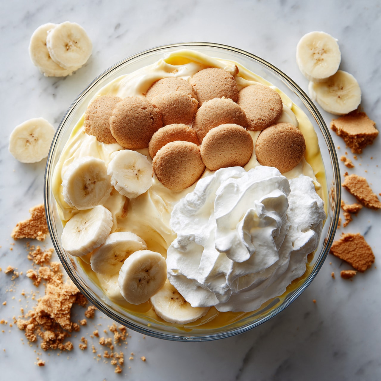 The image shows a deep pie with a golden-brown crust filled with creamy banana pie filling that has visible banana slices inside. The top layer is thick white whipped cream, decorated with banana slices and small round golden cookies, all drizzled with caramel sauce. A wedge slice is taken out, revealing three layers: crust at the bottom, creamy banana filling in the middle, and whipped cream with toppings on top. The pie sits on a white marbled surface with scattered banana slices and cookies around, a bunch of bananas on the right side, and a white cup and saucer with more cookies blurred in the background. Photo taken with an iphone --ar 4:5 --v 7