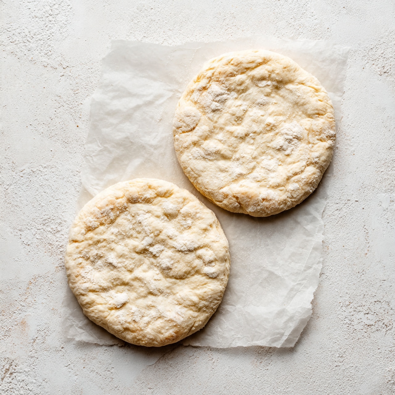 Two round, flattened dough pieces rest on parchment paper over a white marbled texture surface. Each dough piece has a pale beige color with a soft, slightly uneven texture showing gentle bubbles and light flour dusting on top. The doughs have thick edges with subtle dimples and are roughly the same size, placed one above the other with space between them. Light shadows highlight the softness and freshness of the dough. photo taken with an iphone --ar 4:5 --v 7
