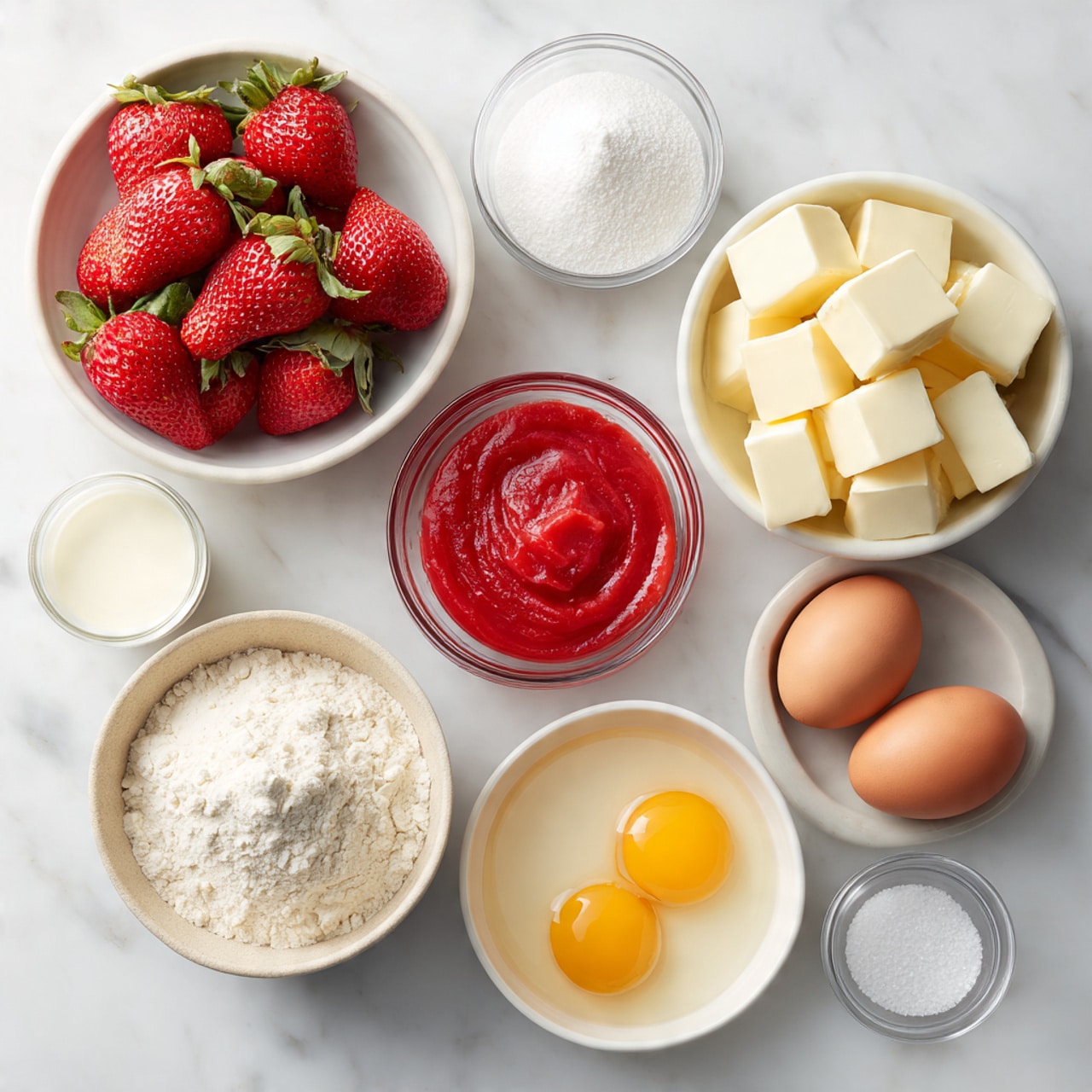 The image shows four steps of making a strawberry puree. The first part displays a woman's hand slicing fresh, bright red strawberries with white inside on a wooden cutting board, with a white bowl full of whole strawberries in the background, all set on a white marbled surface. The second part shows a close-up of a blender cup filled with sliced strawberries stacked in layers from bottom to top, sitting on a black blender base near a window with a blurred outdoor view. The third part shows the woman's hand pressing down the blender cup while the strawberries are blending into a smooth red puree. The final part shows a white pan on a stovetop filled with the thick red strawberry puree being stirred with a wooden spatula with a red silicone end, with a white bowl of strawberries and soft pink flowers in a vase in the blurred background on the white marbled surface. photo taken with an iphone --ar 4:5 --v 7