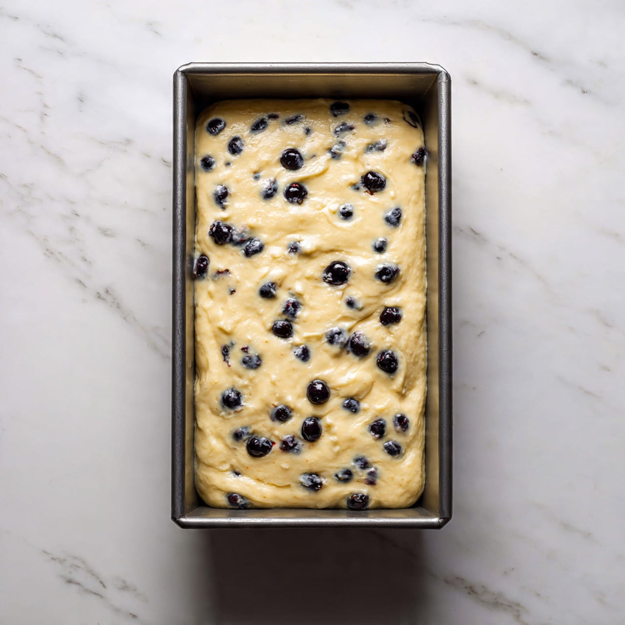 A rectangular metal baking pan filled with thick, pale yellow batter dotted with whole dark blueberries spread evenly throughout. The batter surface is smooth with soft peaks and slight texture from mixing, rising softly near the edges of the pan. The baking pan sits on a white marbled surface. Photo taken with an iphone --ar 4:5 --v 7