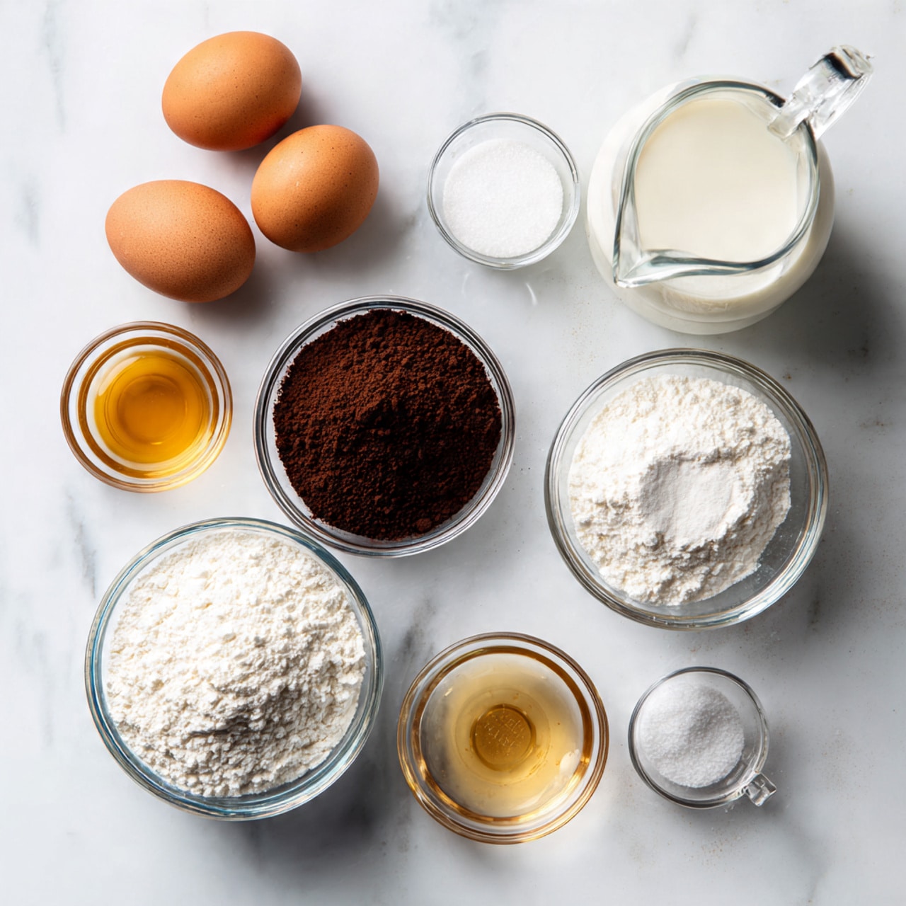 Two whole brown eggs lay on a white marbled texture near small clear glass bowls each holding different baking ingredients. One bowl contains dark brown cocoa powder, another has a white powder labeled cornflour/cornstarch, a tiny bowl shows a golden liquid vanilla, and two small bowls hold white sugar and salt. There are two glass measuring jugs, one filled with cream and the other with milk, both placed on the white marbled surface. photo taken with an iphone --ar 4:5 --v 7