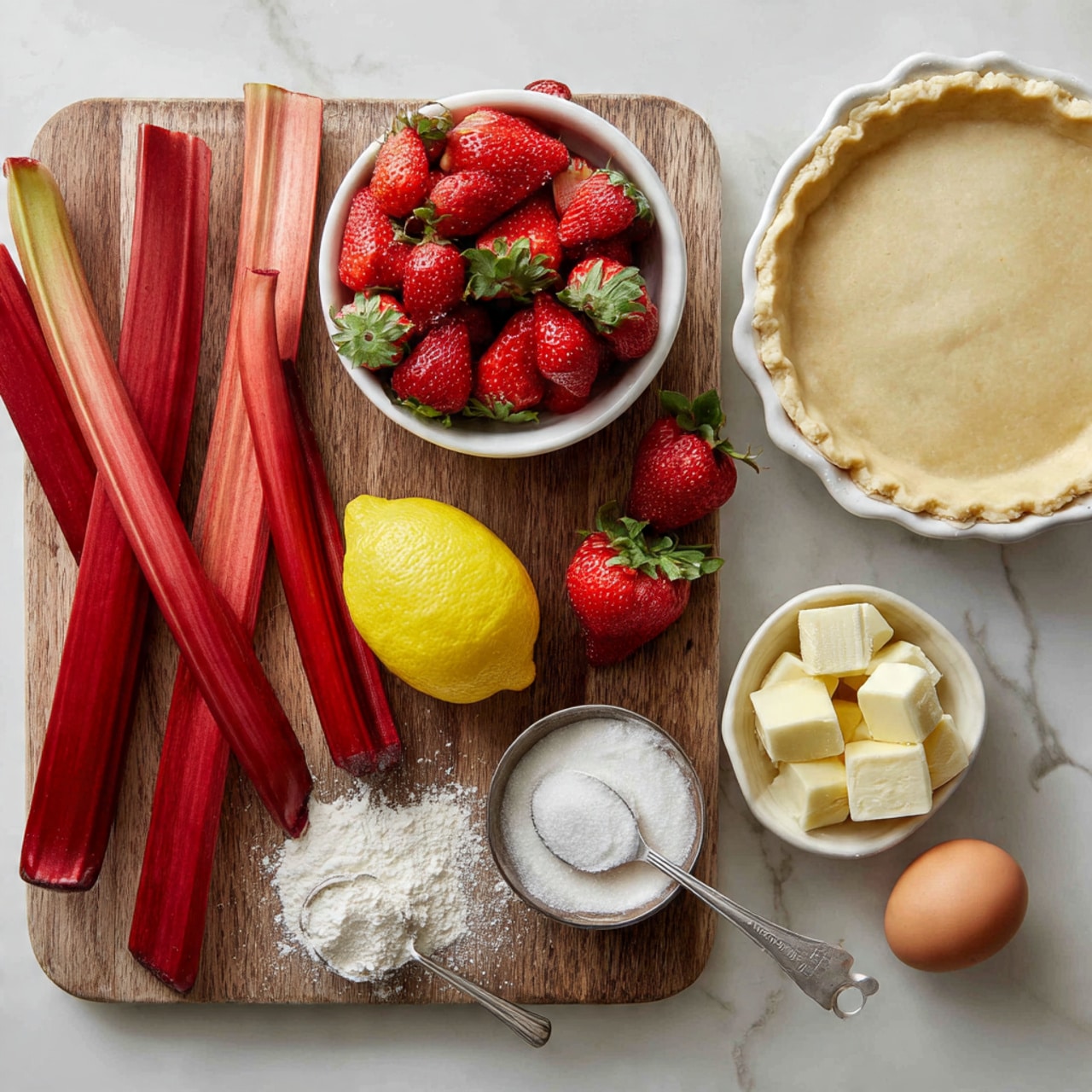 A wooden board holds several long, red rhubarb stalks with green tops on the left side. To the right of the rhubarb is a small white round bowl filled with bright red strawberries with green leaves. Below the bowl is a whole yellow lemon placed on the board, with two loose strawberries nearby. Also on the board are two small piles of white powder, which appear to be baking ingredients, along with a small white bowl of white powder with a measuring spoon. To the right of the board on a white marbled surface are a stack of pie crust rounds covered in plastic wrap, a small white bowl with pale yellow butter cubes, a small white bowl of granulated white sugar, and a single brown egg in a white bowl. The layout is clear and bright. photo taken with an iphone --ar 4:5 --v 7