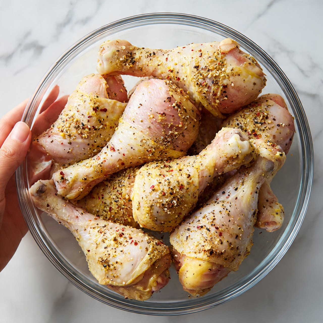 A clear glass bowl filled with several raw chicken drumsticks sprinkled with a mix of black pepper, salt, and other spices. The drumsticks are pale pink with the yellowish skin showing through some parts, lightly coated with the seasoning. The bowl sits on a white marbled surface, and a woman's hand is about to reach toward the bowl from the top left corner. The scene is bright and clear, showing the texture of the chicken skin and the grain of the spices clearly. photo taken with an iphone --ar 4:5 --v 7