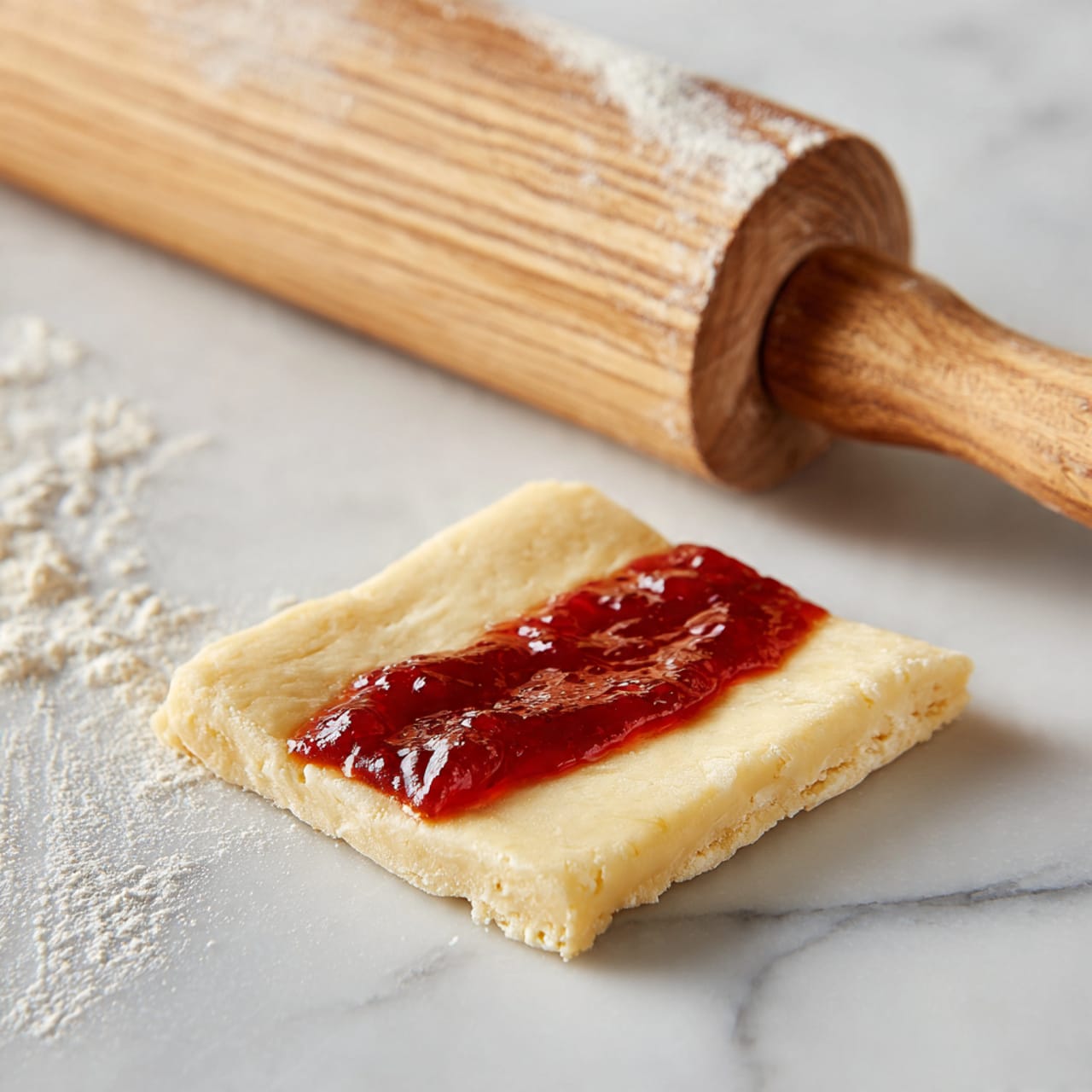 The image shows several small folded pastries arranged on a baking sheet lined with parchment paper, resting on a white marbled surface. Each pastry has a square base made from pale dough with a slightly textured surface. The corners of the dough are folded inward to touch near the center, creating a diamond shape with an open center. The open center reveals a bright red, glossy fruit jam or jelly filling that looks thick and slightly chunky. The pastries are evenly spaced, and the photo has a close-up focus on the nearest pastry while the others blur softly into the background. photo taken with an iphone --ar 4:5 --v 7