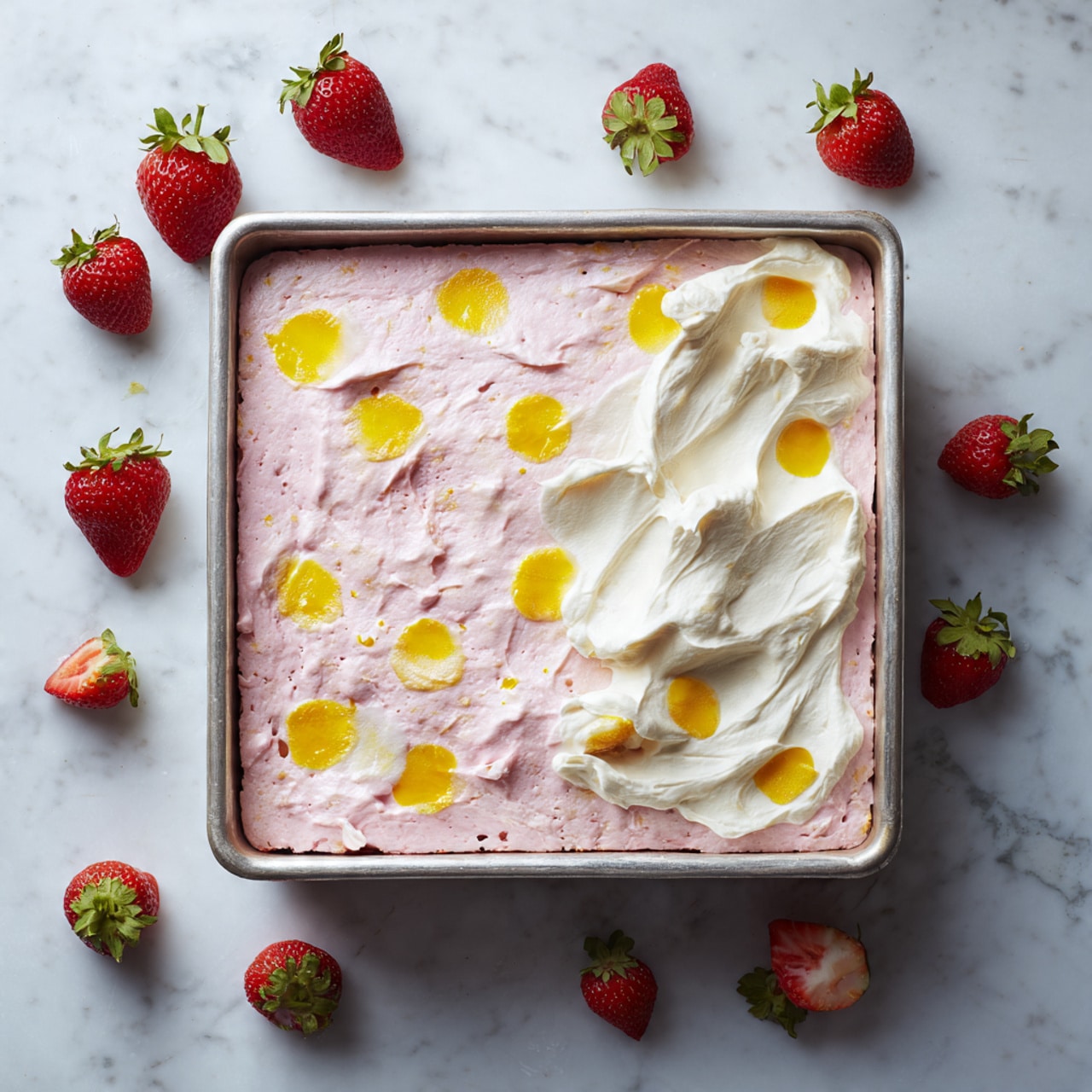 A square piece of dessert sits on a white plate with a thin gold rim, placed on a white marbled surface decorated with colorful small floral patterns. The dessert has three visible layers: the bottom layer is a pink, moist cake with a spongy texture, the middle layer is made of small yellow fruit pieces embedded in white cream, and the top layer is thick white whipped cream with a fluffy texture, topped with small chopped red strawberries and a few sliced strawberries. Fresh whole strawberries surround the plate, and a green container filled with strawberries is blurred in the background. Photo taken with an iphone --ar 4:5 --v 7
