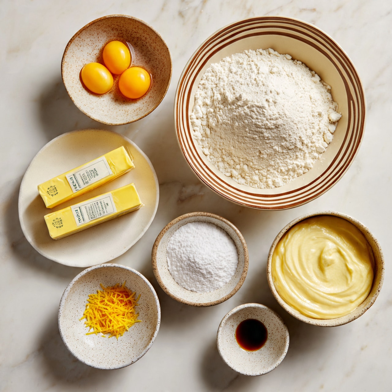 The image shows round cookies arranged closely together on a white marbled surface. Each cookie has two layers: the outer layer is pale beige with a slightly rough texture, forming a thick ring, and the inner layer is bright yellow-orange, smooth and glossy, filling the center circle like a jam or jelly. Small grains of sugar are scattered on and around the cookies, adding a sparkling effect. The cookies look soft and freshly baked. photo taken with an iphone --ar 4:5 --v 7