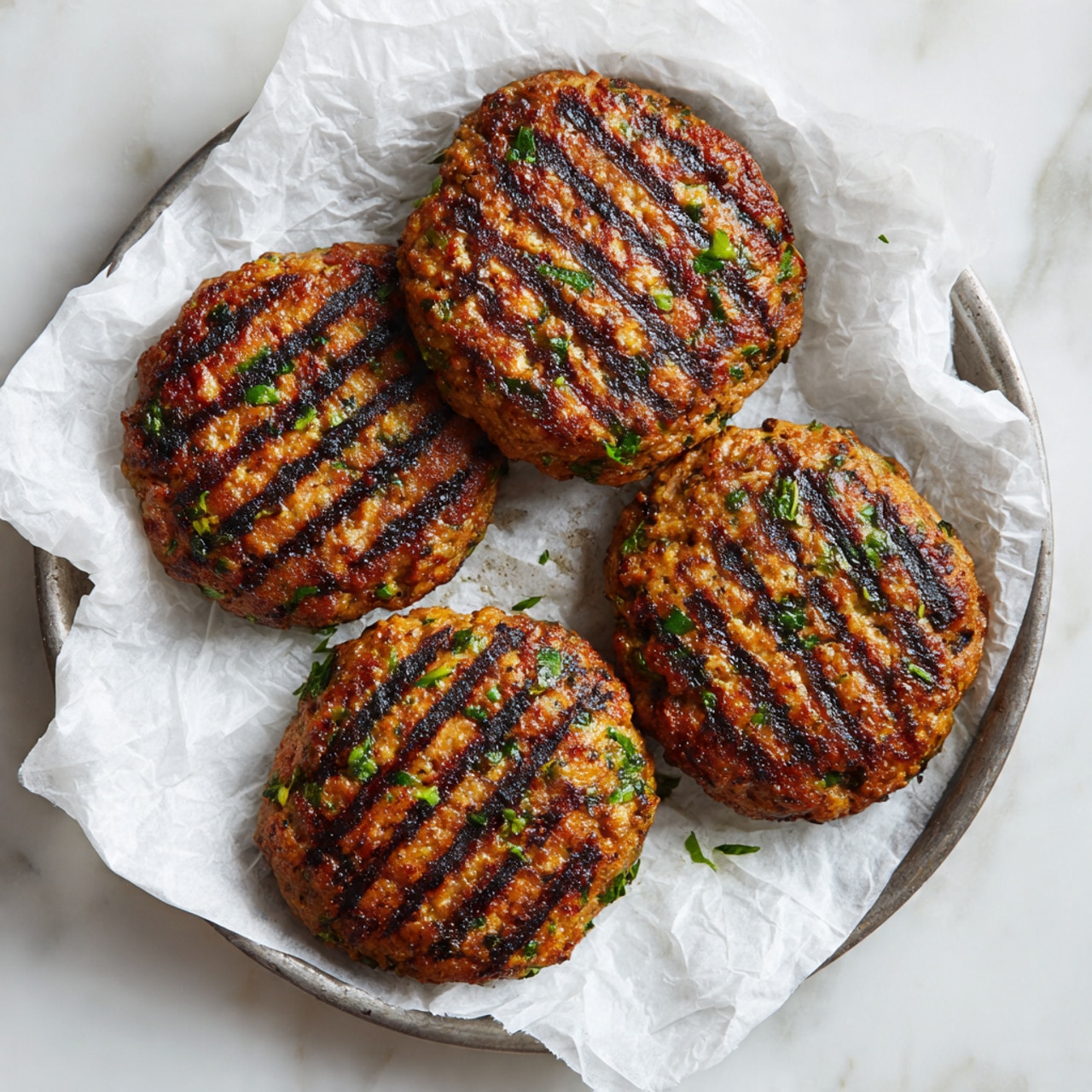 Four round grilled patties with a golden-orange color and visible bits of green herbs are placed flat on a sheet of crumpled white parchment paper. Each patty has distinct, dark brown grill marks running parallel across its top surface. The parchment rests on a metal baking tray with slightly raised edges. The tray is set on a white marbled surface. photo taken with an iphone --ar 4:5 --v 7