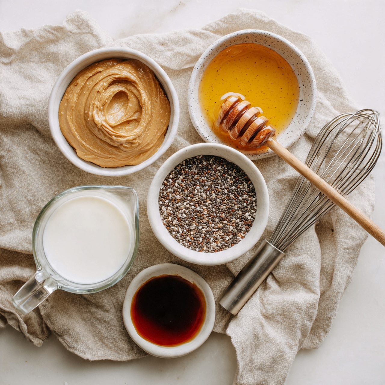 The image shows six containers arranged on a white marbled surface. At the top center is a small white bowl filled with light brown nut butter that has a smooth texture. Below it to the left is a small white bowl holding golden honey with a wooden honey dipper resting inside. In the middle is a white bowl filled with tiny black and white chia seeds. To the bottom left is a clear glass measuring cup holding a thick white liquid, with the handle pointing left. To the bottom right is a small white bowl containing dark brown vanilla extract. Next to this bowl, on the right side of the image, lies a metal whisk placed on a crumpled beige linen cloth. Photo taken with an iphone --ar 4:5 --v 7