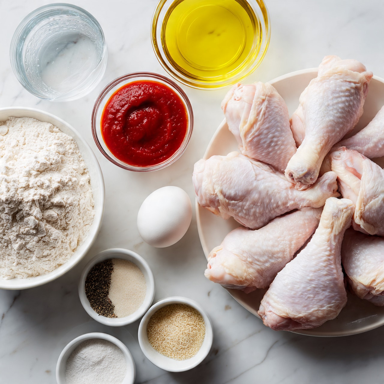 A clear glass bowl filled with raw chicken drumsticks showing pale pink skin and white fat sits near the right bottom corner on a white marbled surface. Above it, two white eggs lie next to each other. A large clear bowl with light yellow oil is placed centrally above the drumsticks. To its left, there is a small white bowl filled with bright red sauce. A clean glass of water is to the left side near the top left corner. Below the glass, a medium white bowl is full of white flour with a soft texture. Small white bowls with different powders and spices in beige, salt white, and dark pepper gray are in between the eggs, oil, and flour arranged on the same white marbled background. Photo taken with an iphone --ar 4:5 --v 7