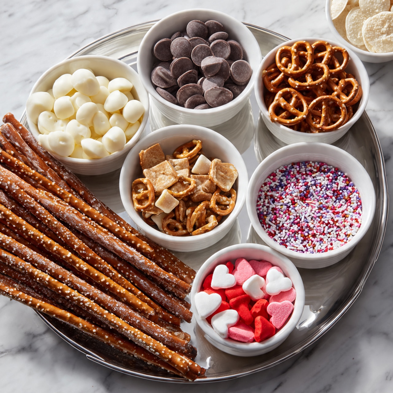 A clear glass jar filled with thick, shiny brown chocolate sauce, with some chocolate smeared on the top rim. Inside the jar, there is a single long salted pretzel stick standing upright, its light brown surface dotted with coarse salt crystals, and a silver spoon with an ornate handle placed next to the pretzel. The jar sits on a white marbled surface, surrounded by small white bowls filled with red, white, and green Christmas-themed sprinkles blurred in the background, creating a festive atmosphere. Photo taken with an iphone --ar 4:5 --v 7