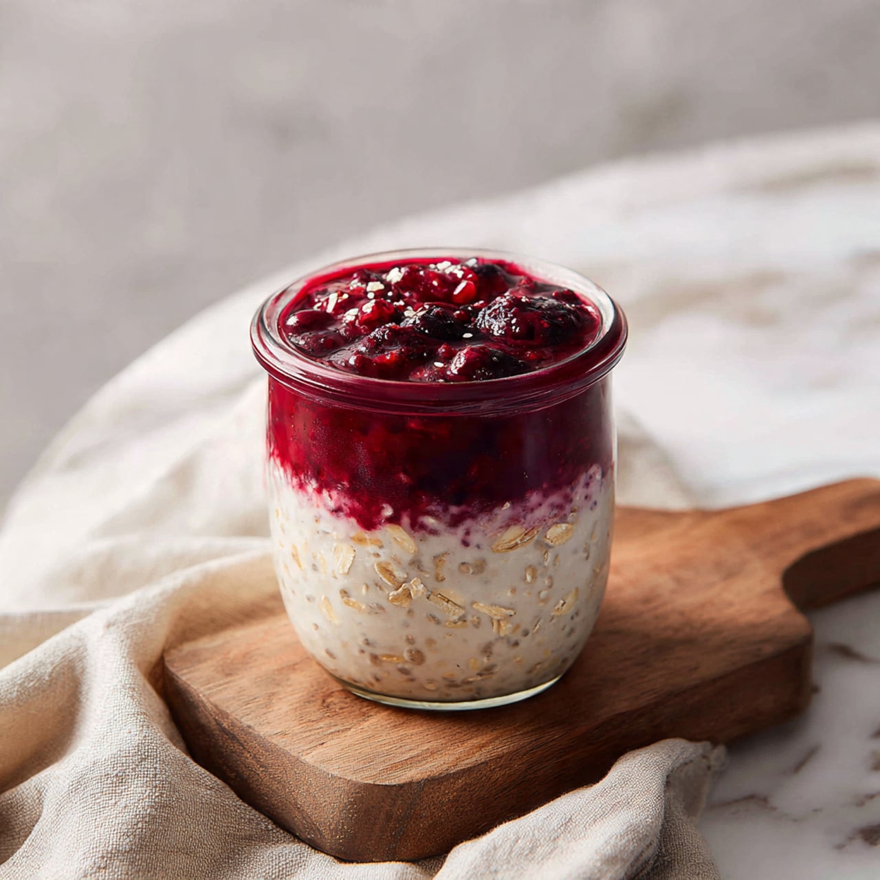 A small clear glass jar sits on a light brown wooden board over a white marbled surface covered partly with a beige cloth, showing a two-layered dish: the bottom layer is a creamy off-white oatmeal with visible oats, and the top layer is a thick, smooth deep red berry sauce with whole berries on the surface; the jar is open with a clear rim, and the background is softly blurred with a light gray tone photo taken with an iphone --ar 4:5 --v 7