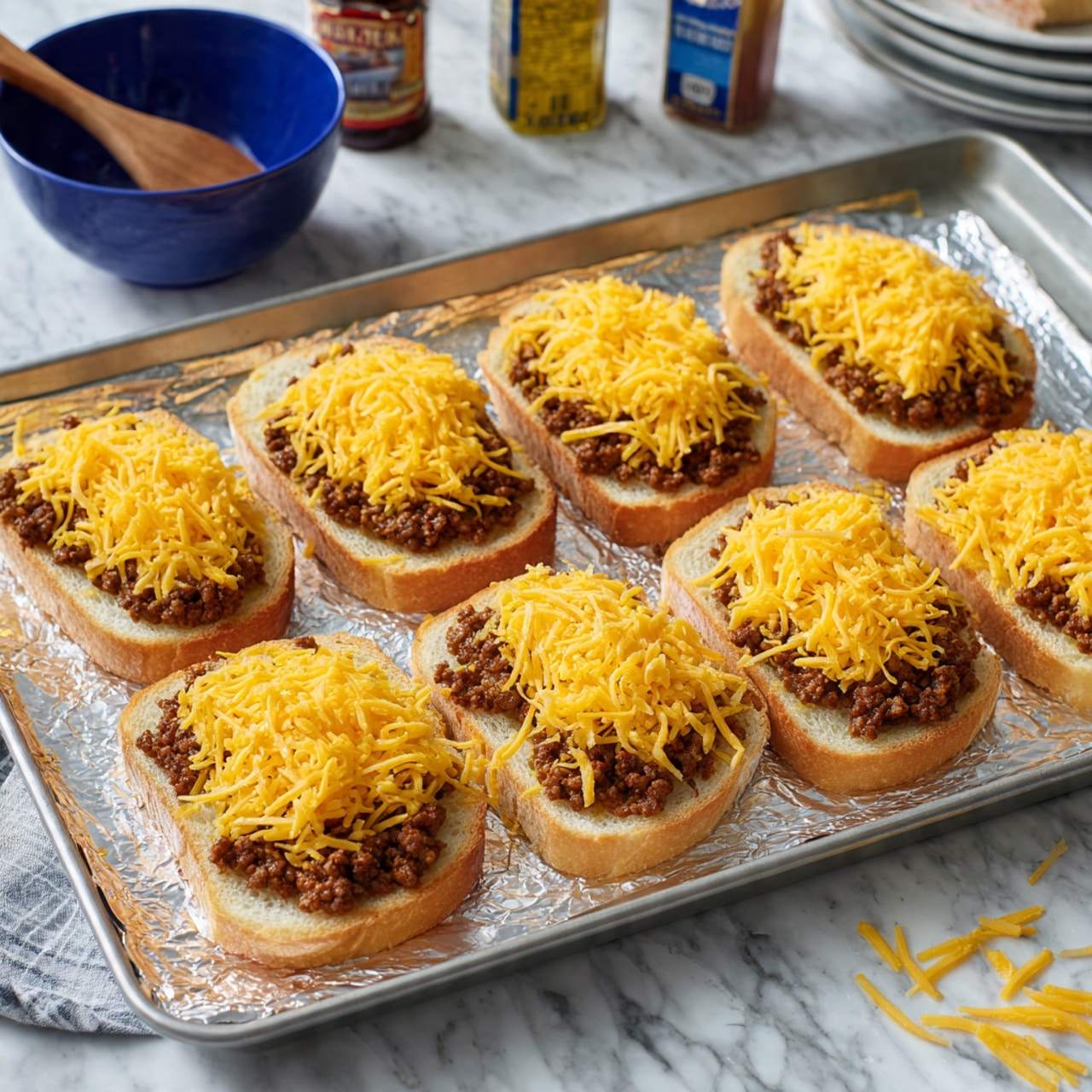 The image shows eight slices of golden toasted bread evenly spaced on a baking tray lined with shiny aluminum foil, each slice toasted to a crisp golden brown with a textured surface of light and darker toast spots. A woman's hand with pink painted nails holds a silver spoon, gently pressing it into one slice, adding a slight indentation. In the background, a large blue pan with a light gray interior sits on the stove, filled with cooked brown ground meat stirred with a wooden spoon. Behind the stove are several condiment bottles including a yellow mustard bottle, a ketchup bottle, a Worcestershire sauce bottle, and a blue can. The scene is set on a white marbled countertop. Photo taken with an iphone --ar 4:5 --v 7