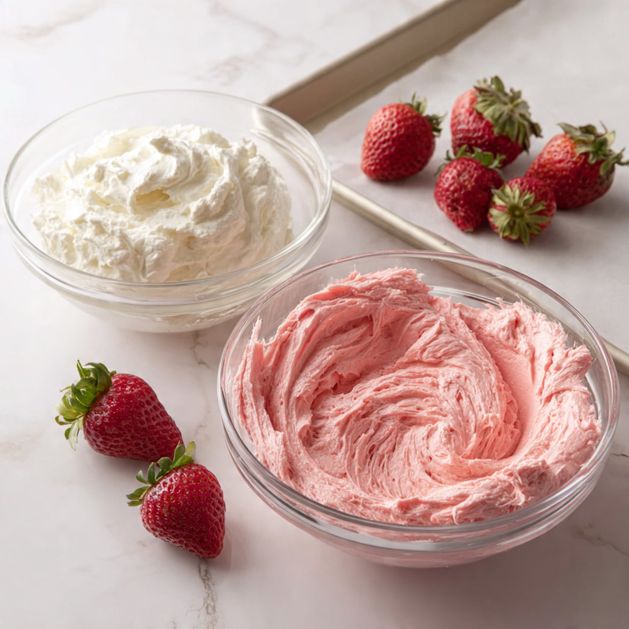 The image shows a clear glass bowl filled with pink batter, having a creamy and slightly thick texture with peaks and swirls. Two metal beaters rest inside the bowl, partially covered in the pink mixture. Next to this bowl is another clear bowl containing smooth white cream, softly textured and fluffy. A white baking sheet lined with parchment paper is placed nearby on a white marbled surface. Fresh red strawberries with green tops are scattered near the bowls, adding a fresh look. The scene is clean and bright with natural lighting, photo taken with an iphone --ar 4:5 --v 7