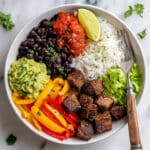 Steak and Rice Bowl with Fajita Veggies and Guacamole Recipe
